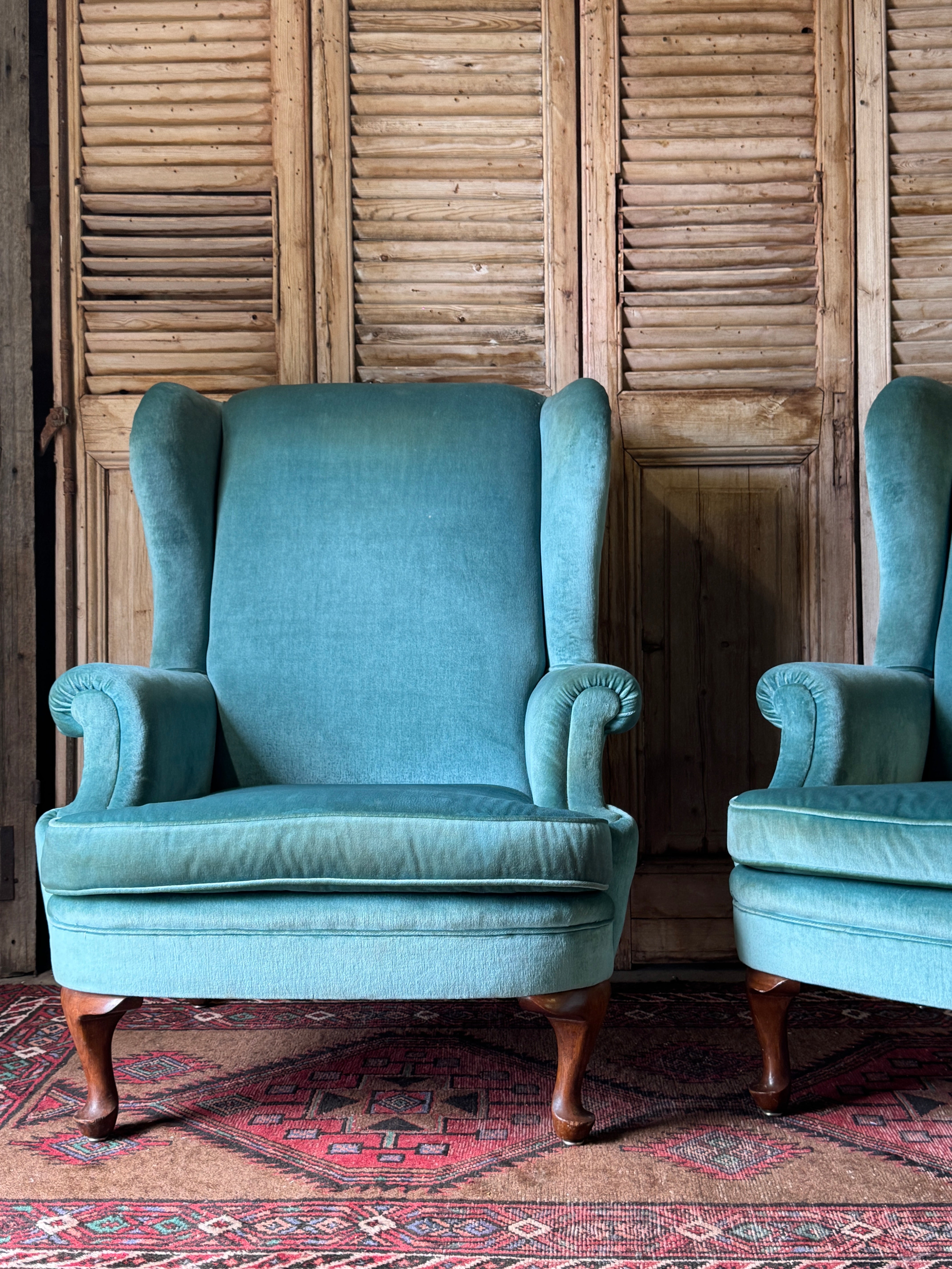 Pair of Vintage Wingback Armchairs – Blue Velvet