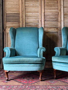Pair of Vintage Wingback Armchairs – Blue Velvet