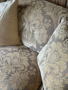 Vintage 3-Seater English Roll Arm Sofa with Original Cut Velvet Damask Upholstery
