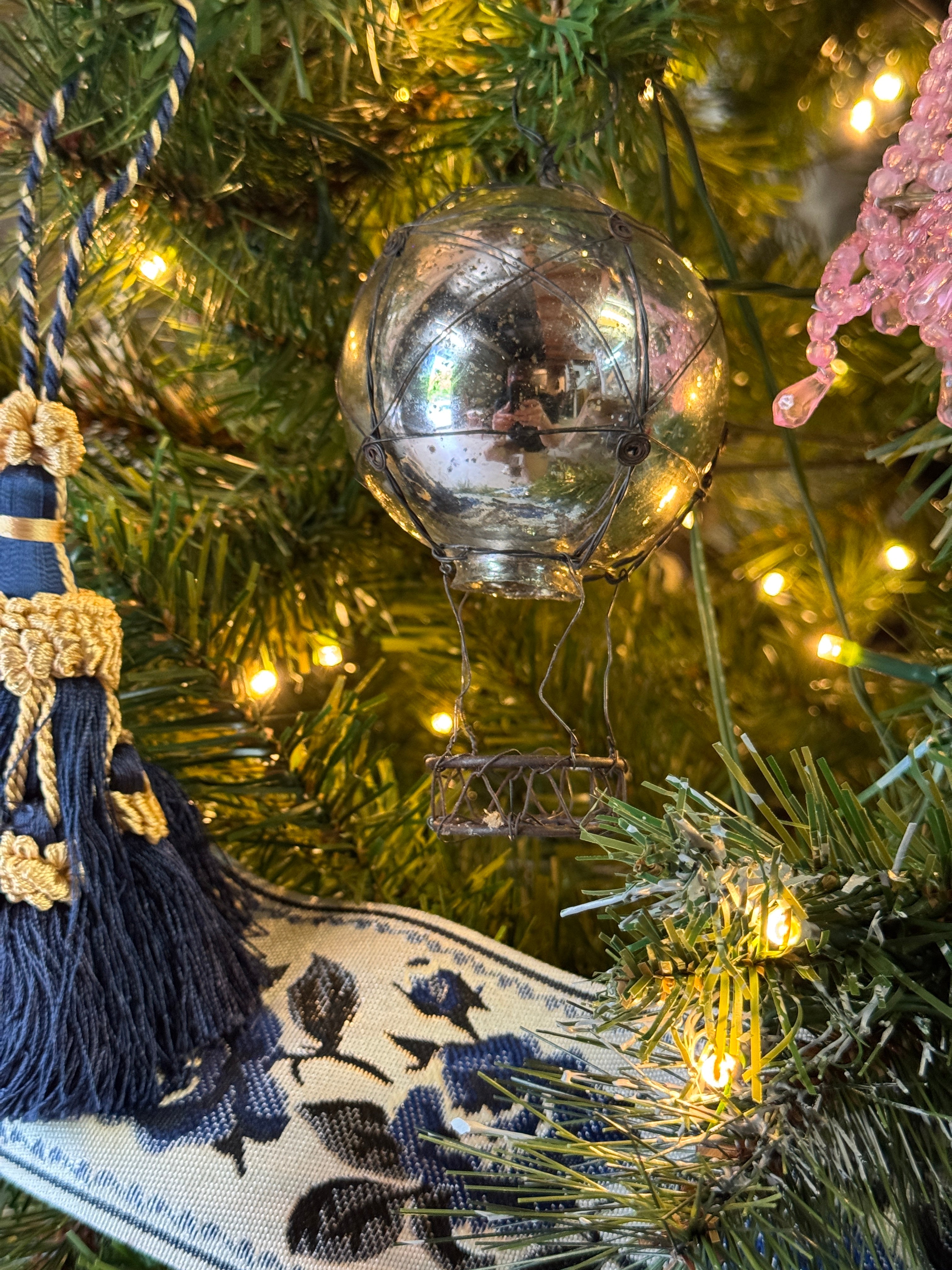 Mercury Glass and Wire Hot Air Balloon Bauble Christmas Ornament