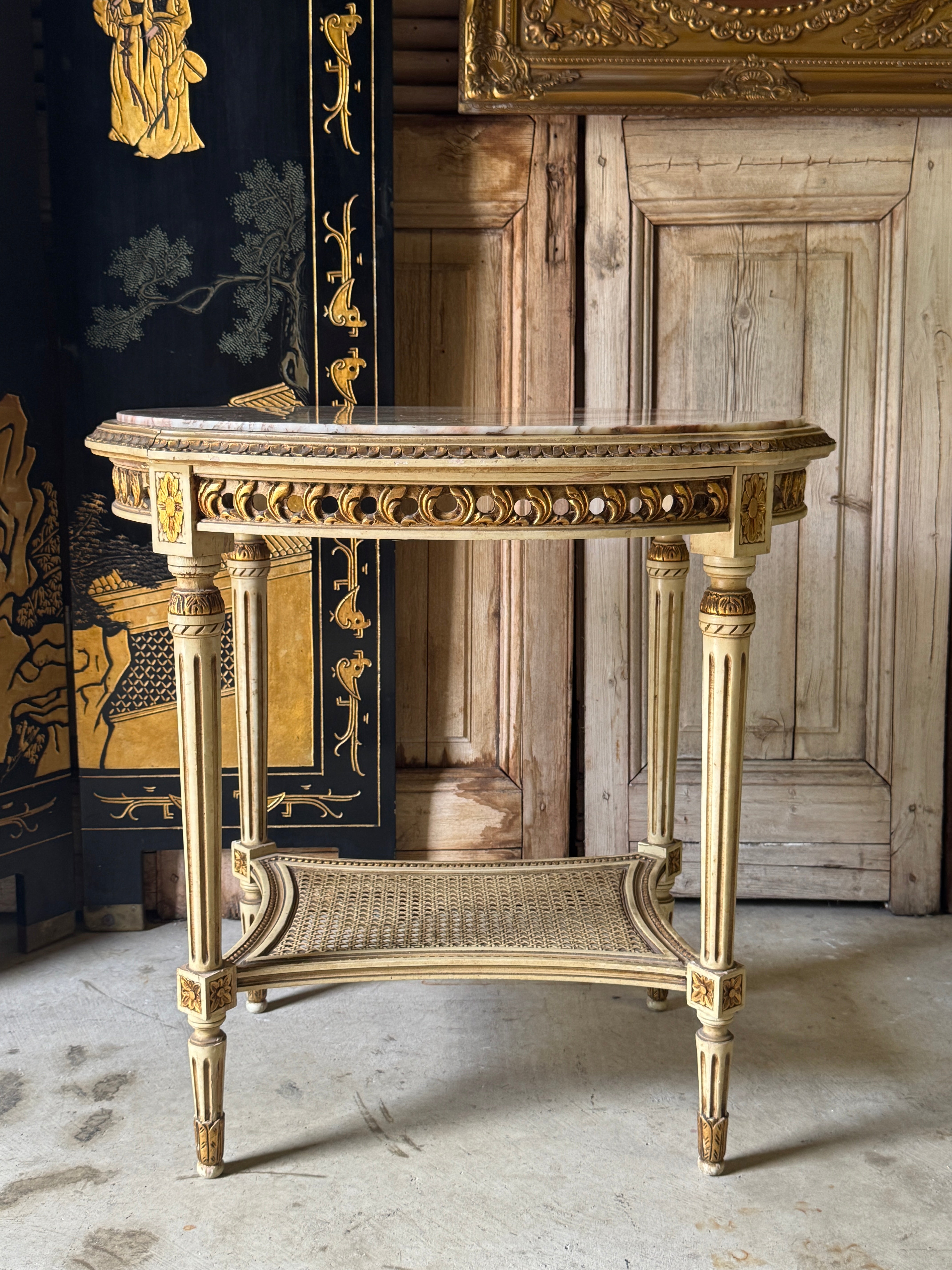 Antique French Marble Rattan Side Table