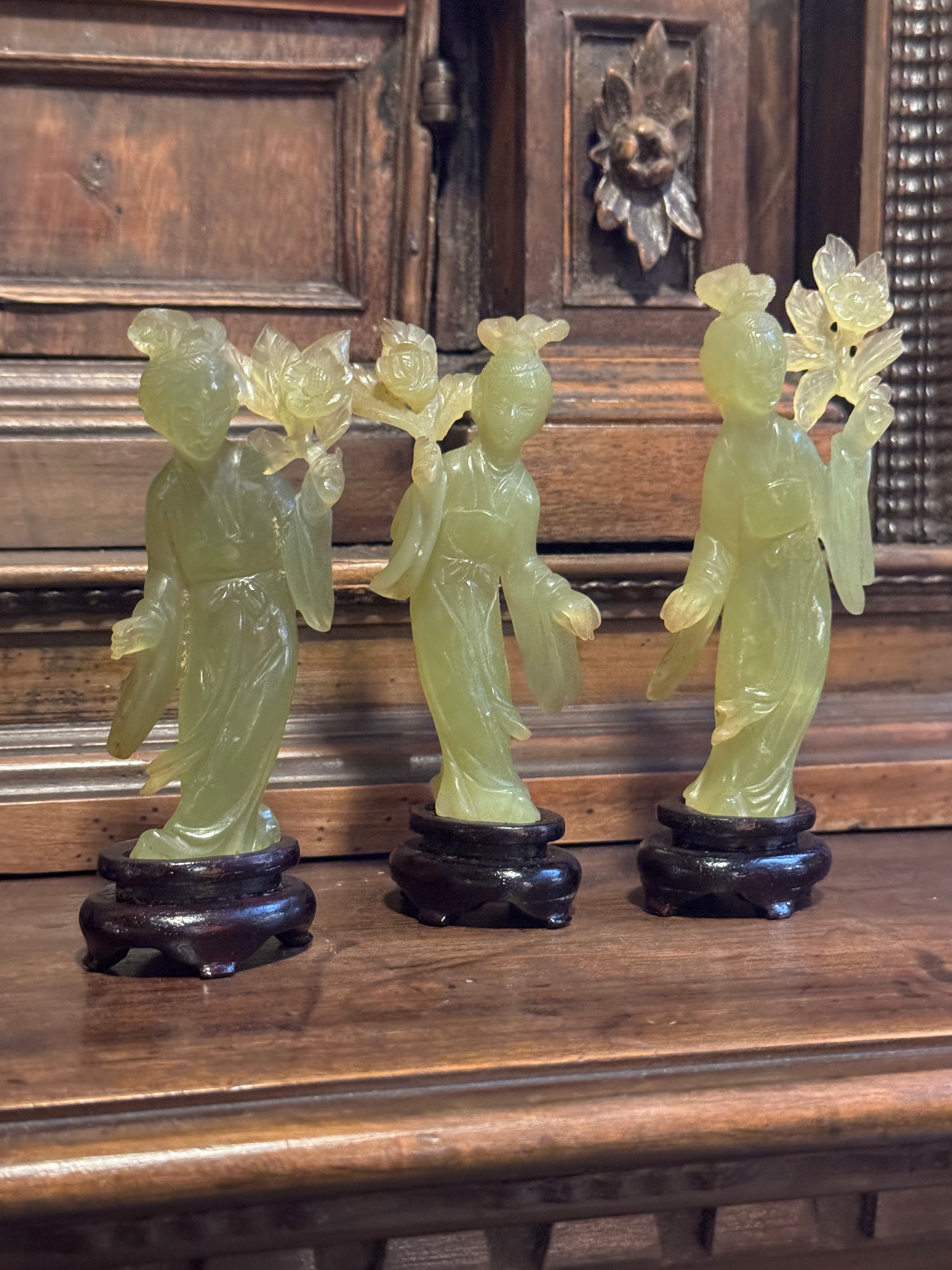 Set of 5 Vintage Chinese Carved Green Stone Courtesans