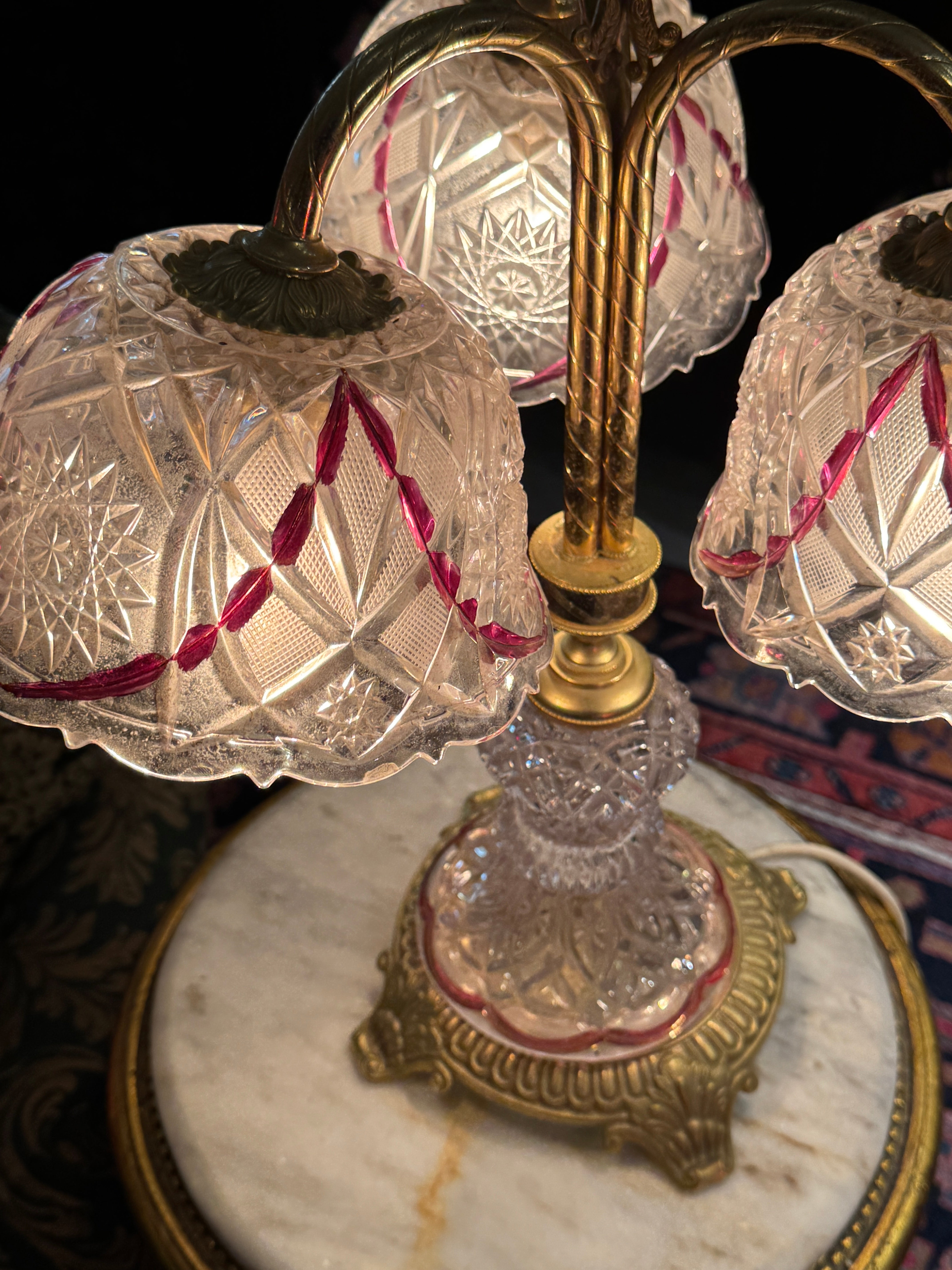 Vintage Cut Glass and Brass Cherub Lamp with Red Detail