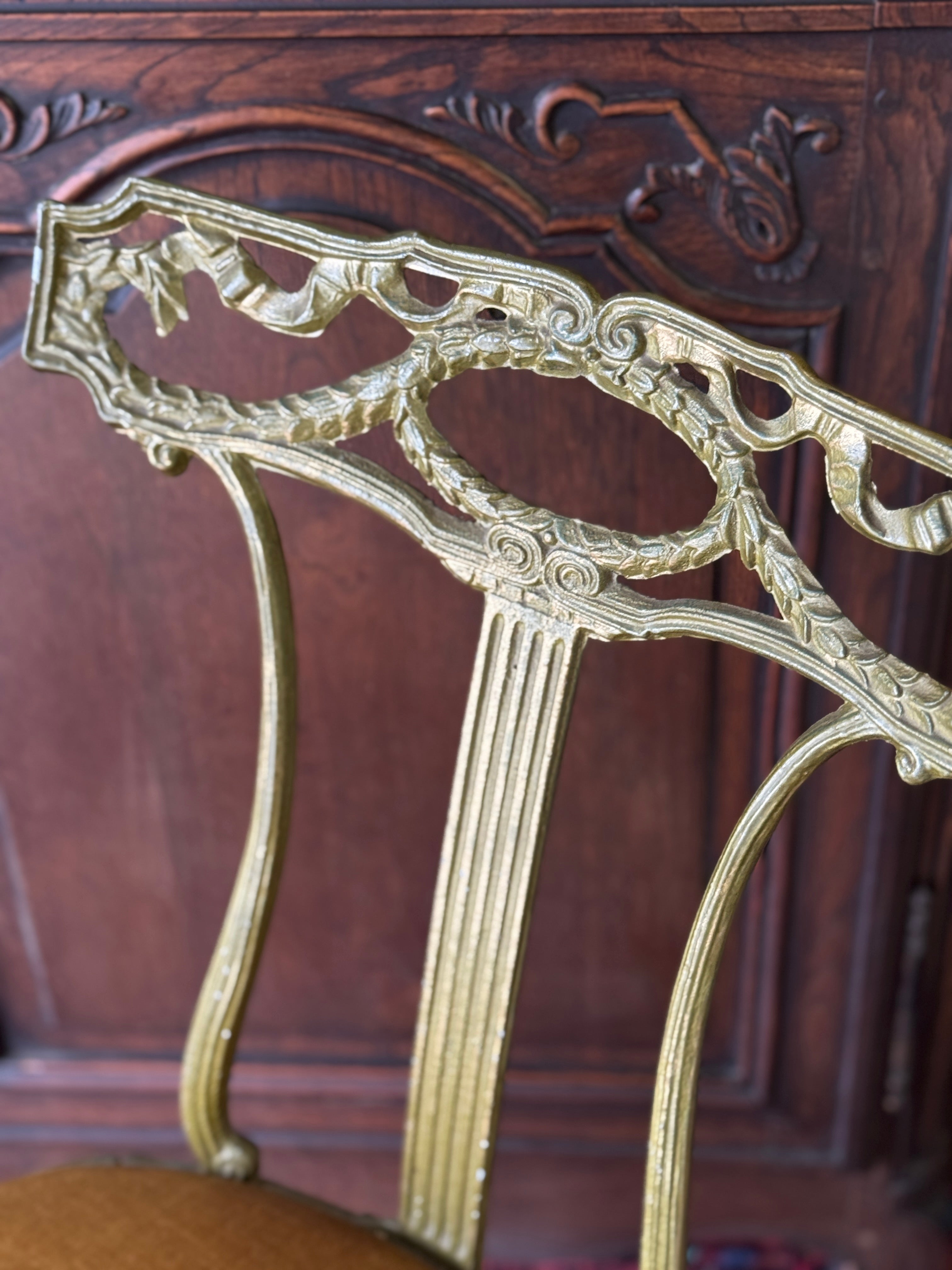 Antique Palladio Neoclassical Style Gilt Metal Chair with Mustard Velvet Upholstery