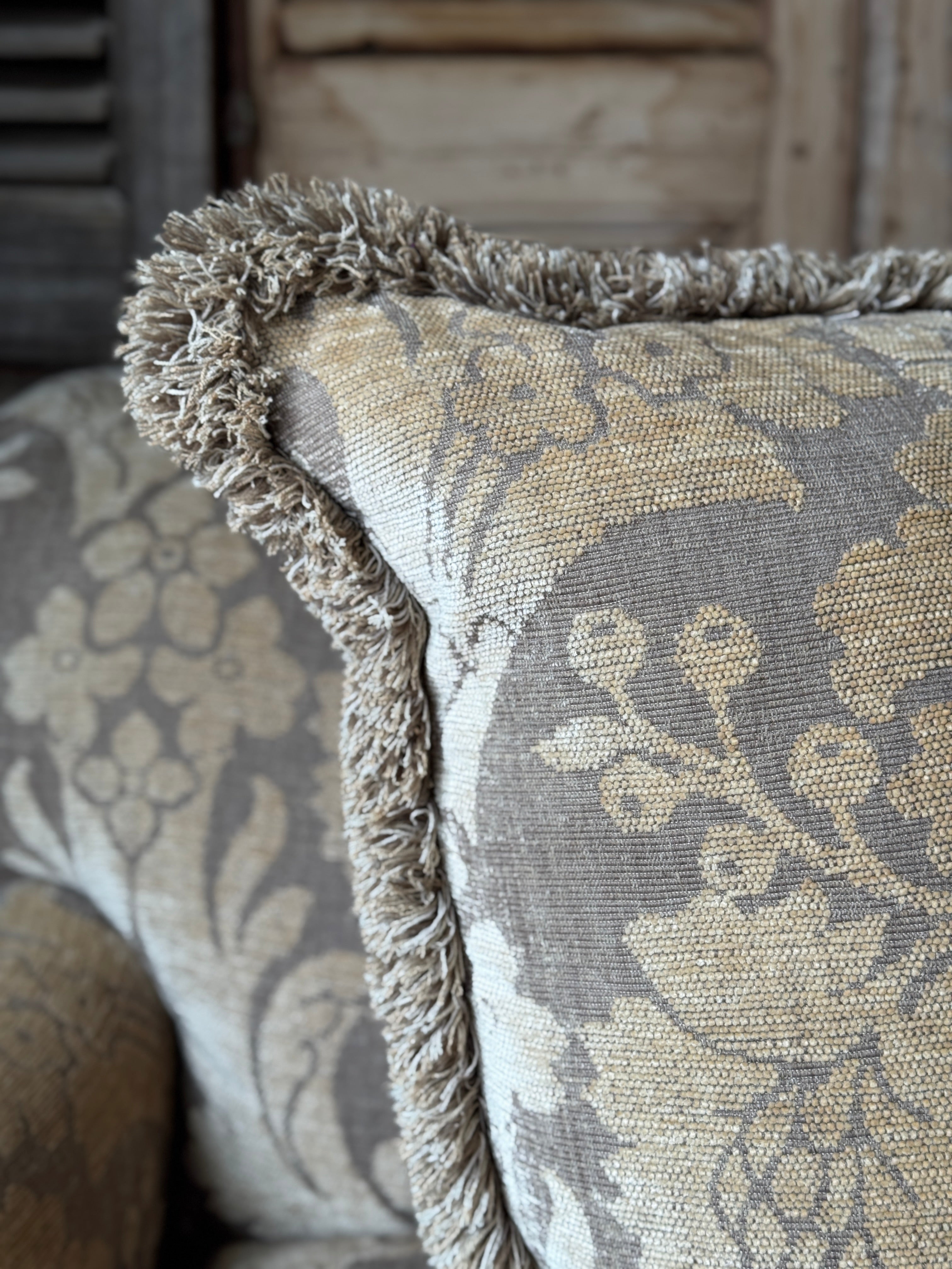 Vintage 3-Seater English Roll Arm Sofa with Original Cut Velvet Damask Upholstery