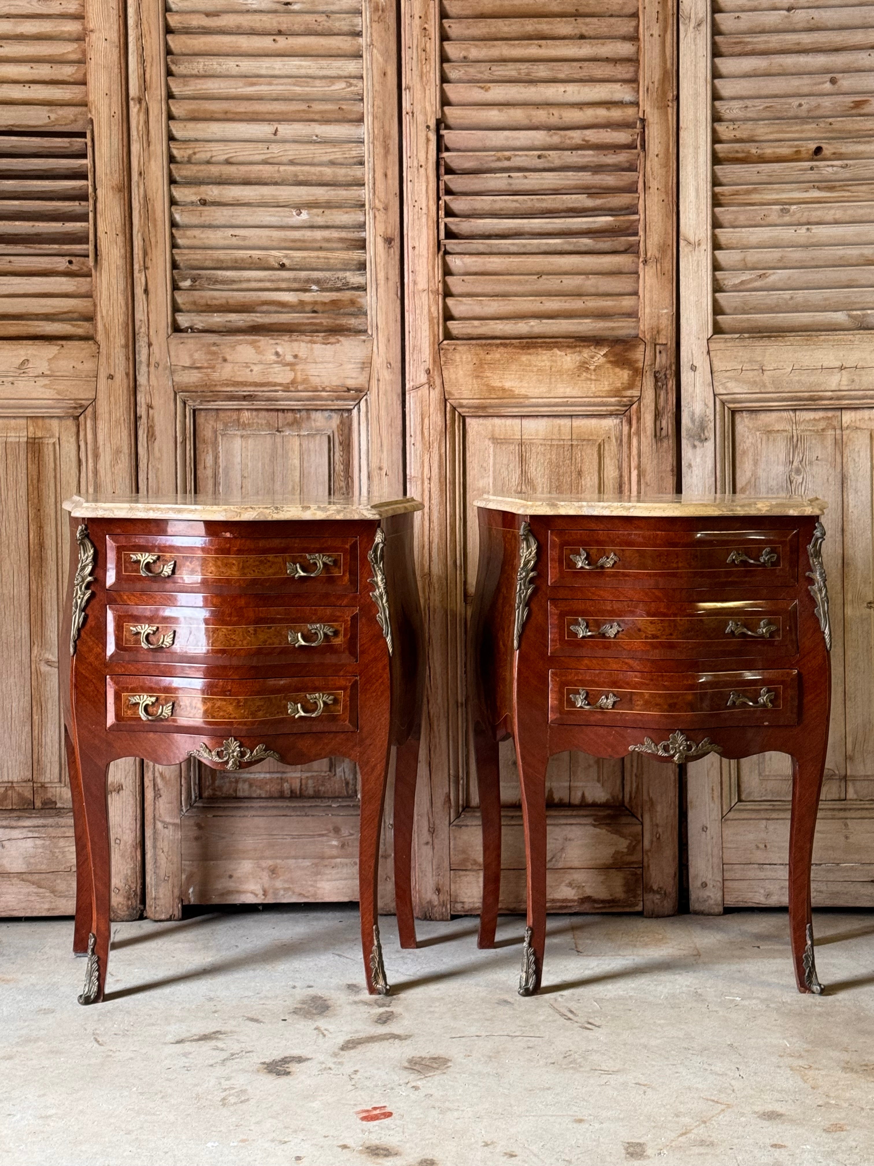 Pair of Vintage French Bedside Tables with Marble Tops