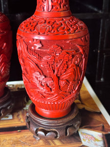 Pair of c. 1920-50s Chinese Red Cinnabar Vases on Fitted Timber Bases