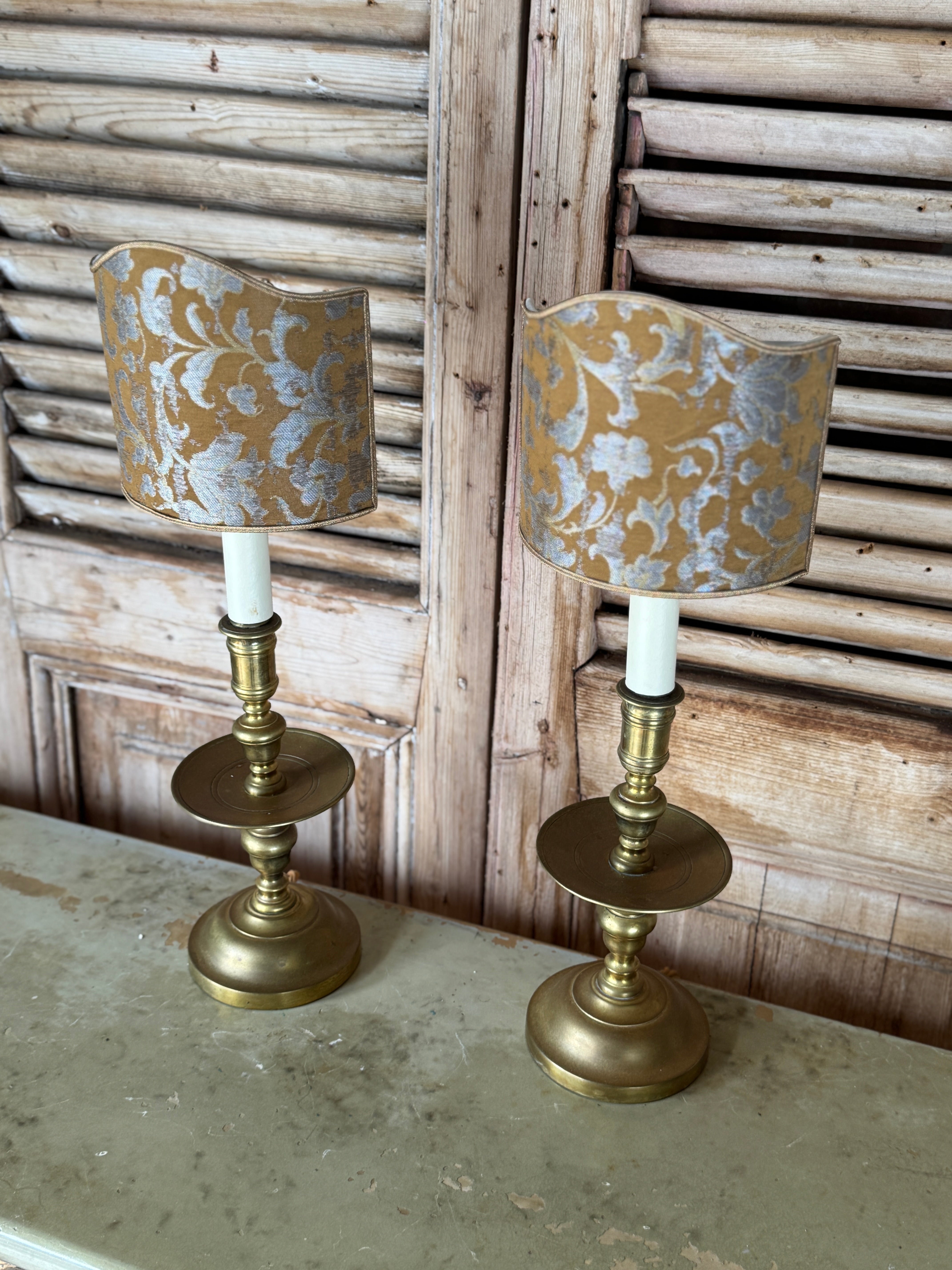 Pair of Antique 19th Century Brass Candlestick Lamps with Italian Made Shield Shades