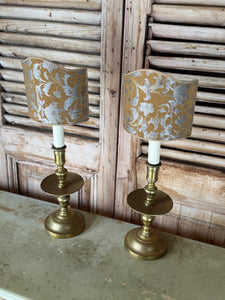 Pair of Antique 19th Century Brass Candlestick Lamps with Italian Made Shield Shades