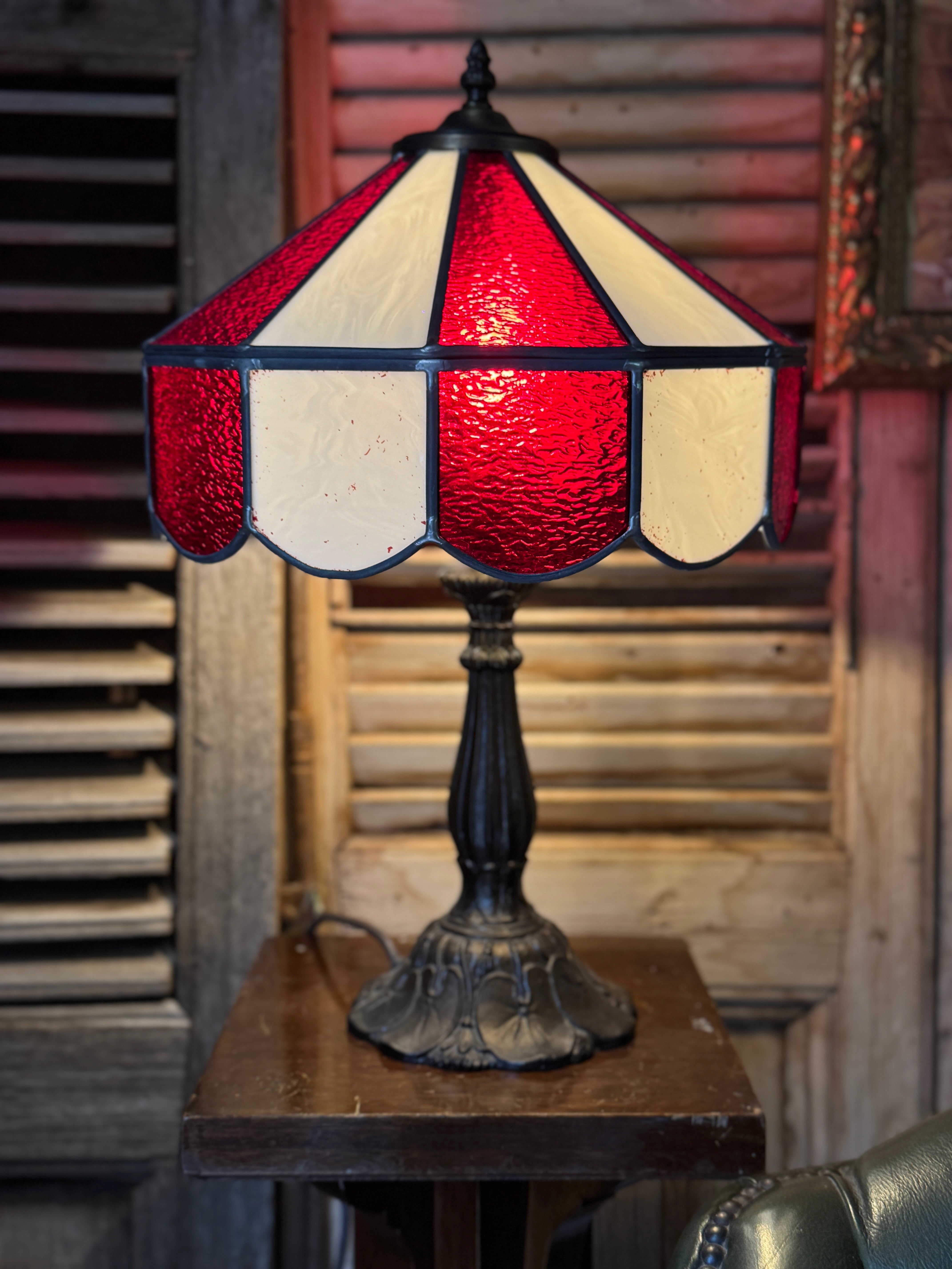 Vintage Red & White Striped Leadlight Table Lamp