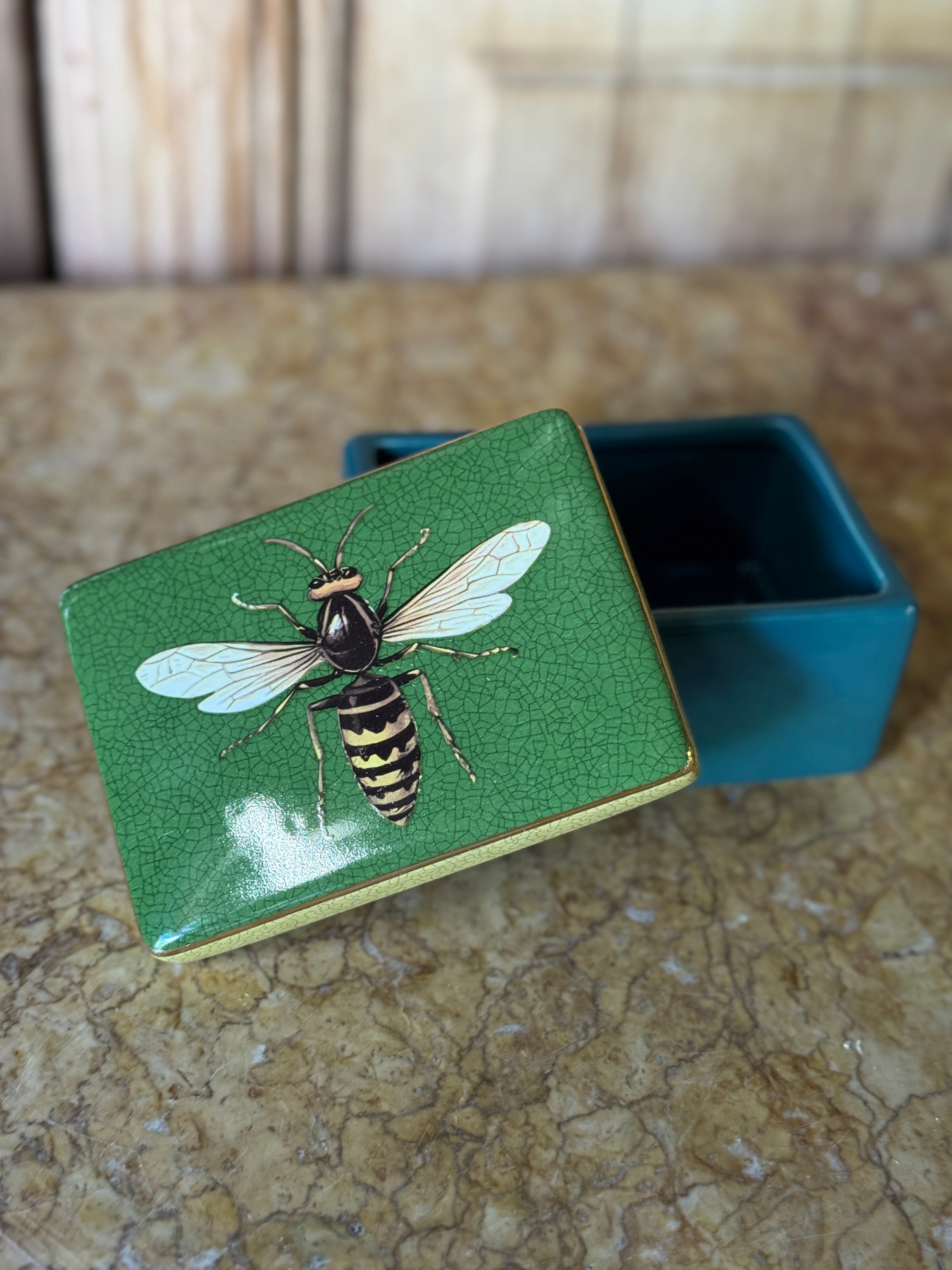 Bee Rectangle Lidded Trinket Box - Green