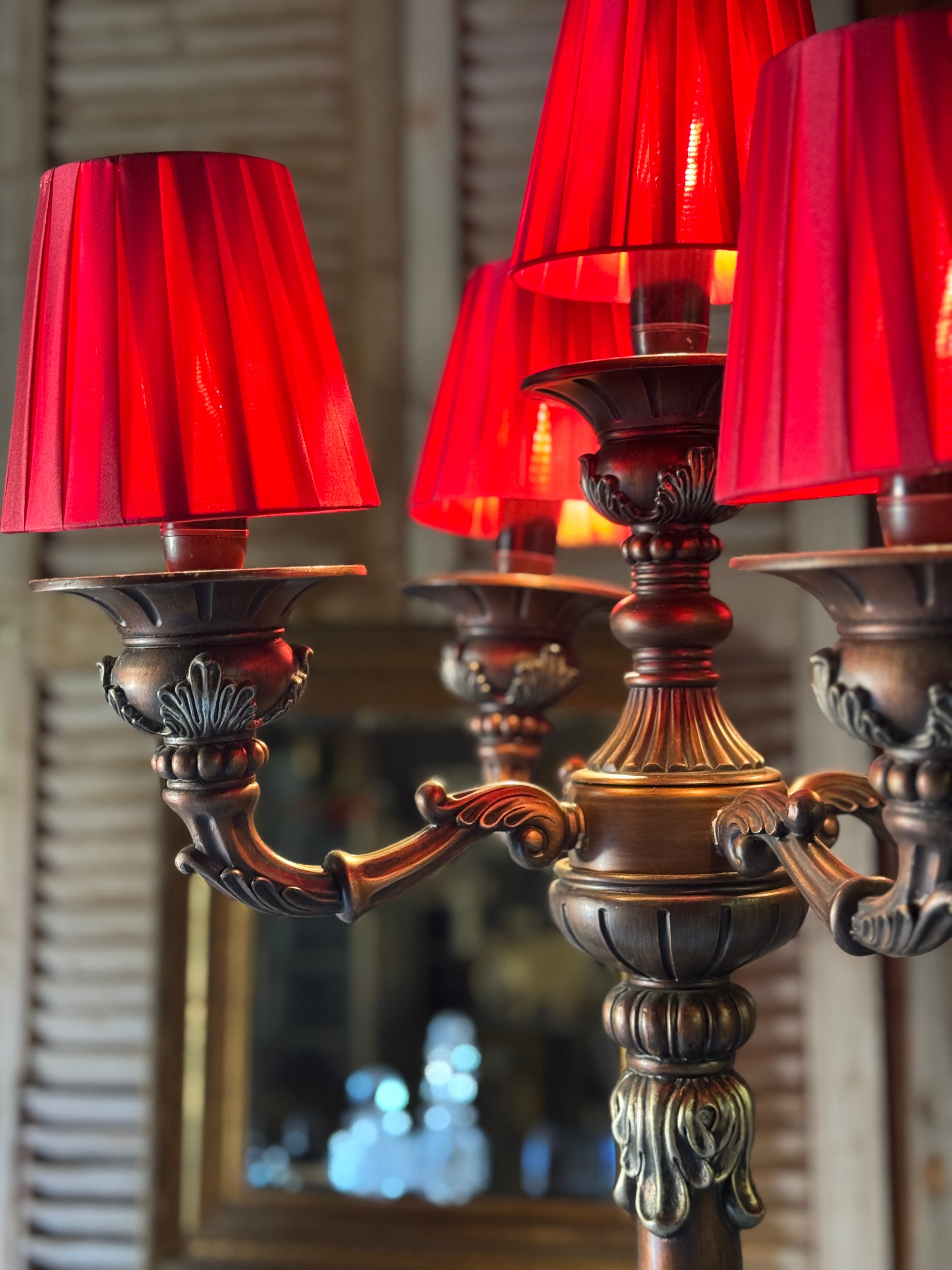 Vintage 5-Arm Table Candelabra with Red Shades