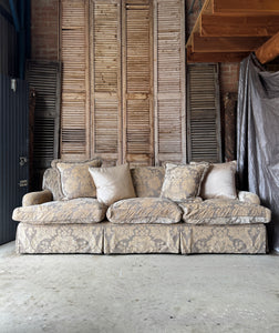 Vintage 3-Seater English Roll Arm Sofa with Original Cut Velvet Damask Upholstery