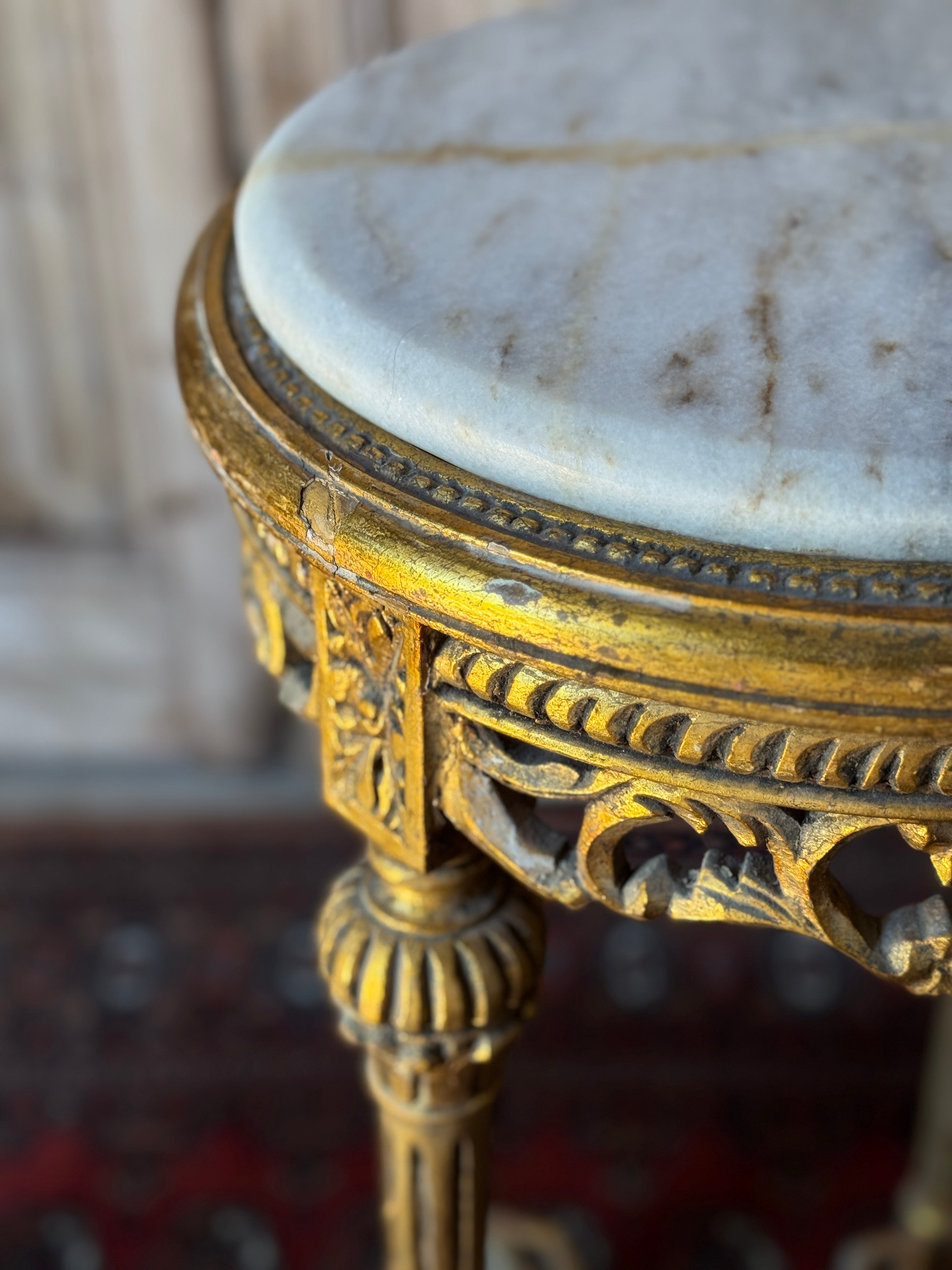 Vintage French Louis XVI Style Giltwood Marble Top Side Table