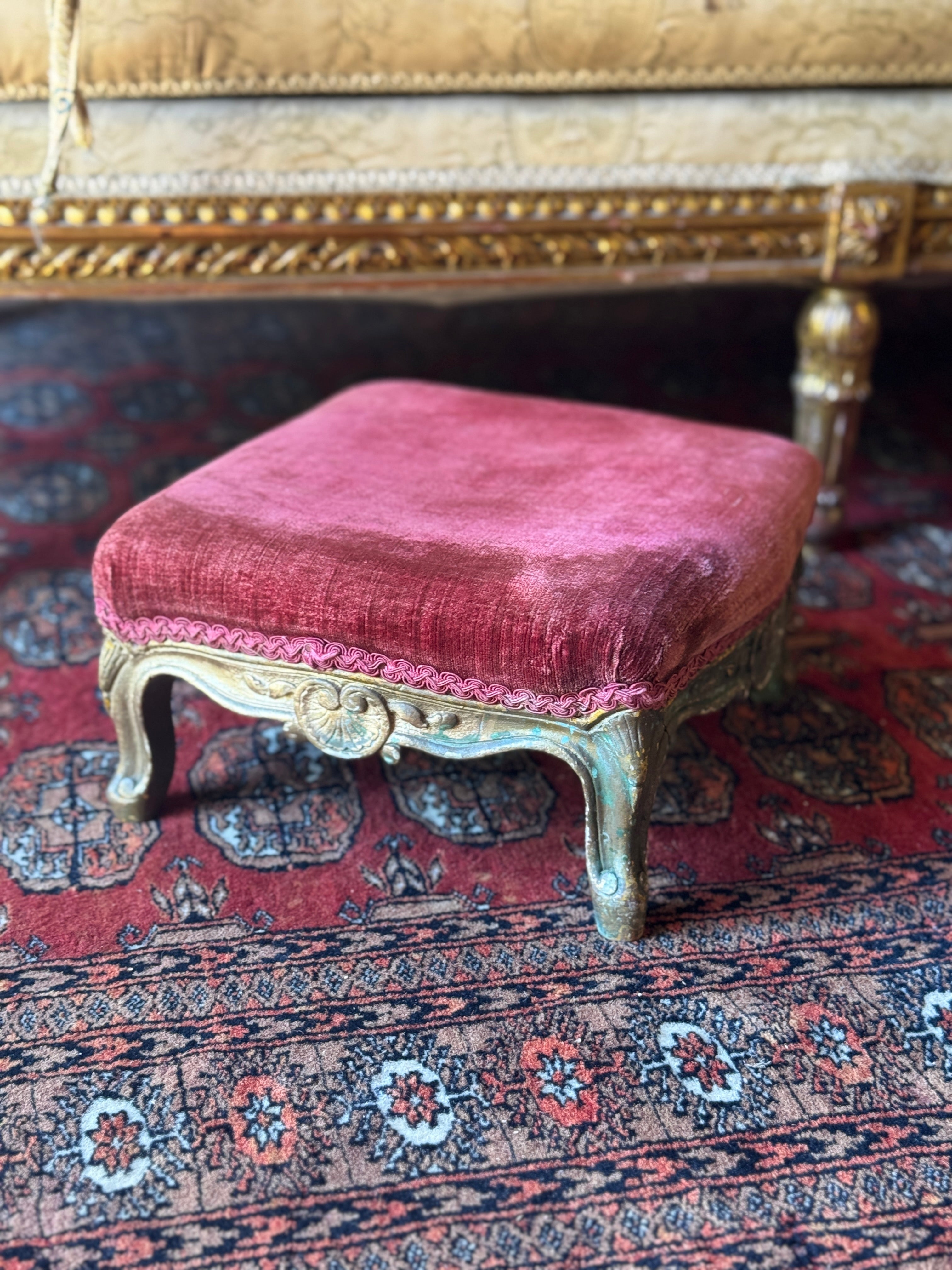 19th Century Giltwood Carved Footstool with Velvet Upholstery