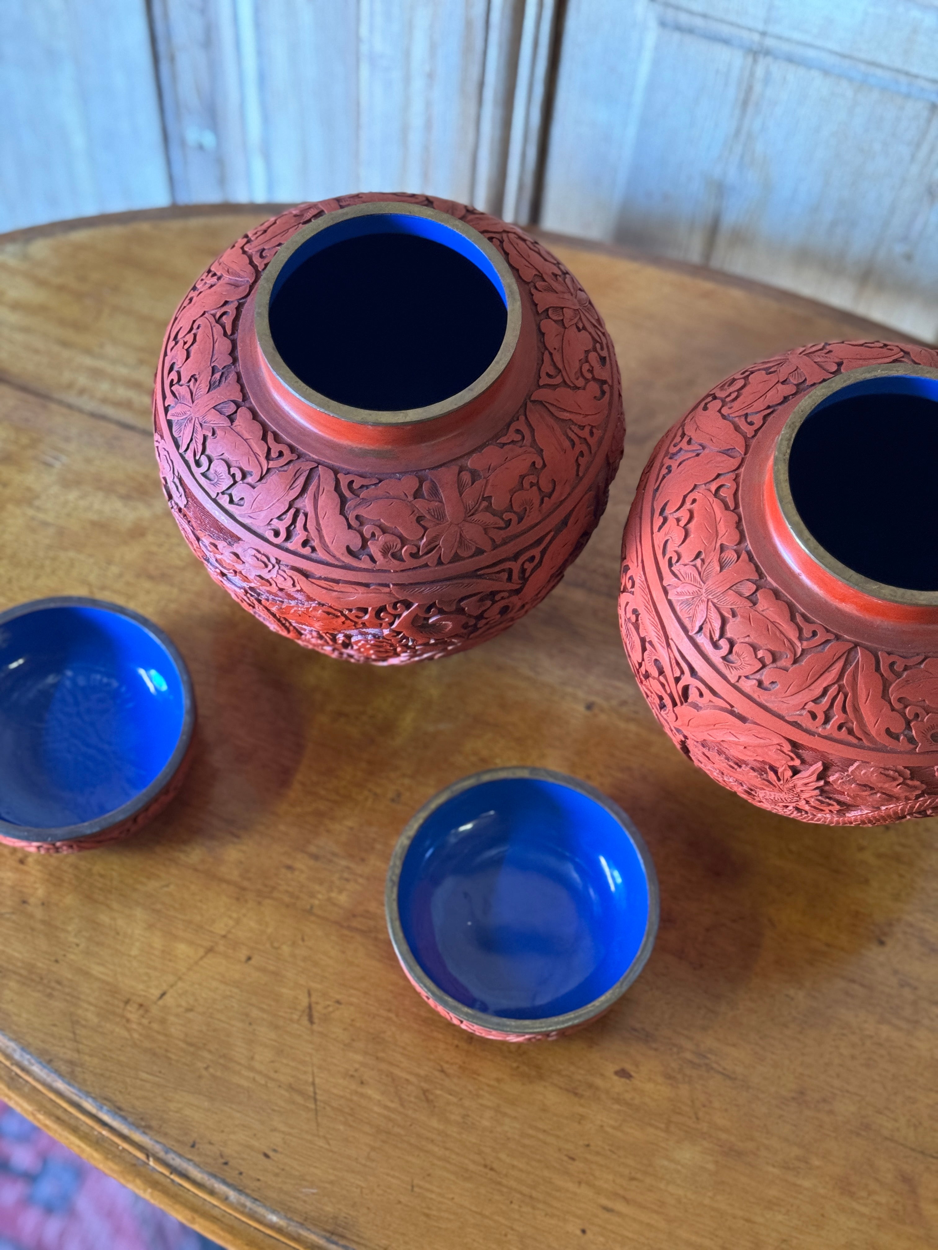 Pair of Vintage Chinese Carved Red Cinnabar Lidded Ginger Jars