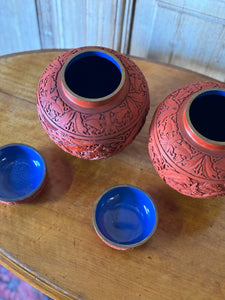 Pair of Vintage Chinese Carved Red Cinnabar Lidded Ginger Jars