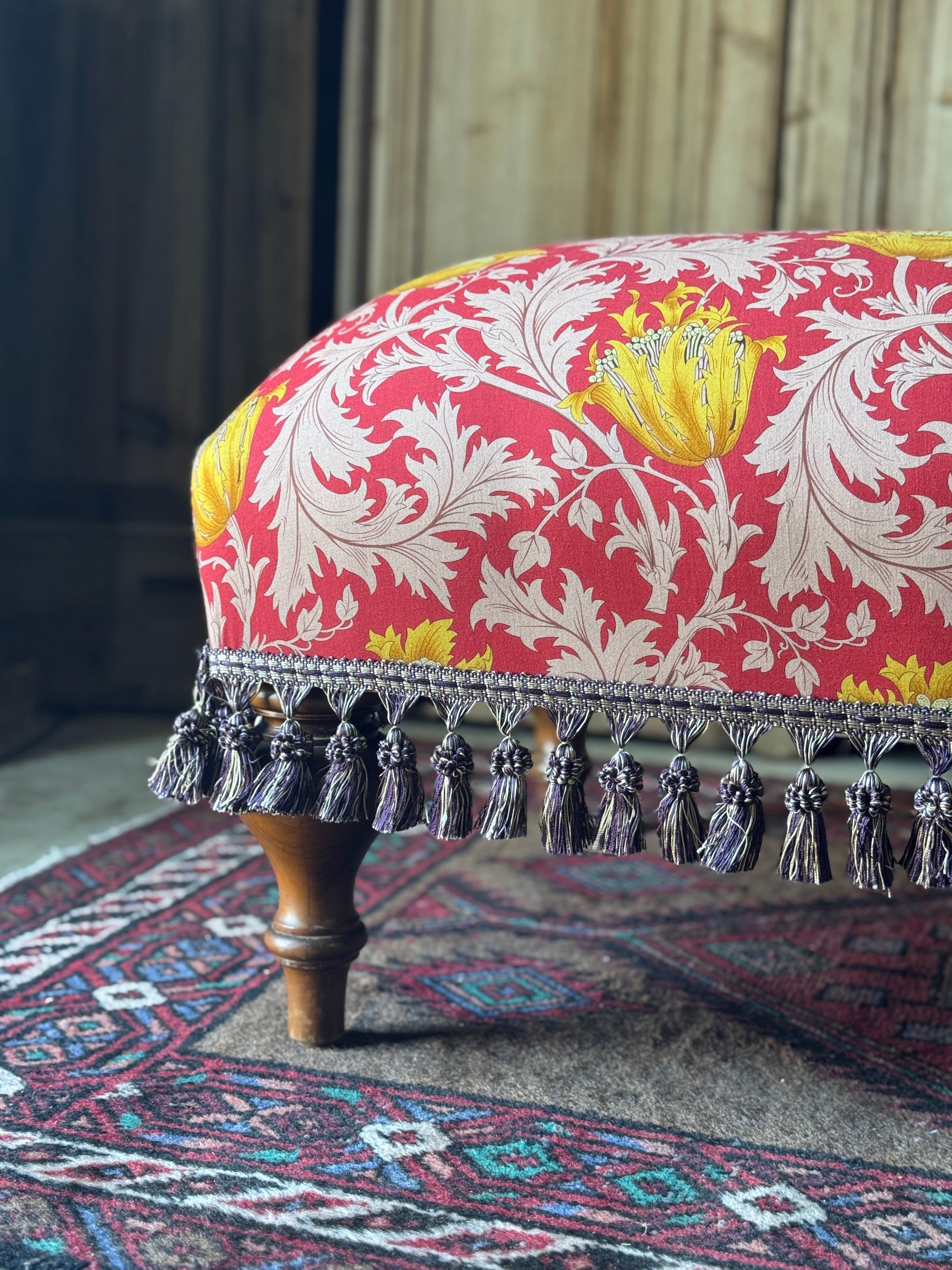 Vintage Ottoman Newly Upholstered in William Morris Fabric & Tasselled Trim