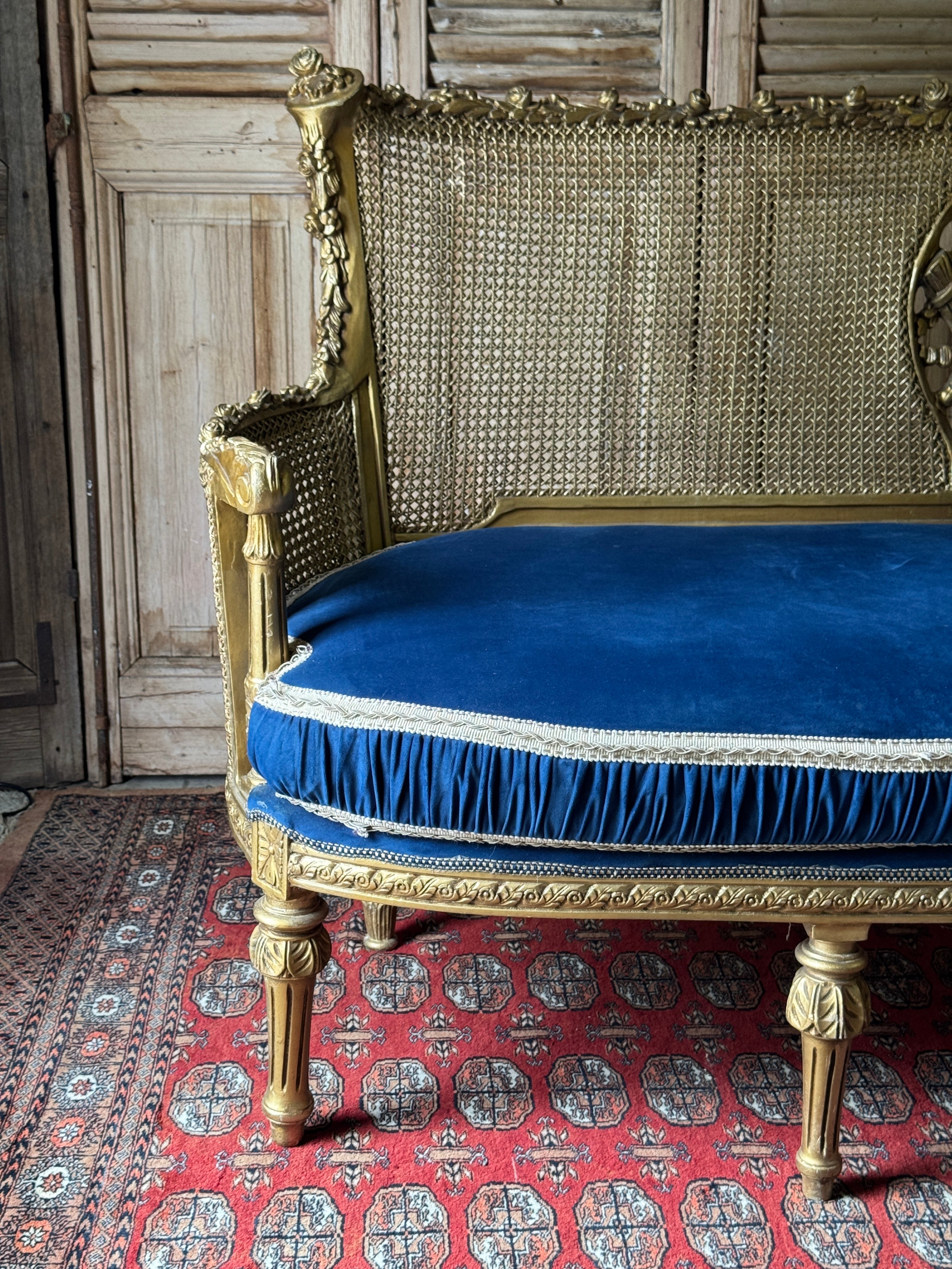 Vintage French Gilt Rattan Settee with Original Upholstery