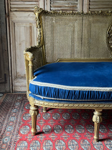 Vintage French Gilt Rattan Settee with Original Upholstery