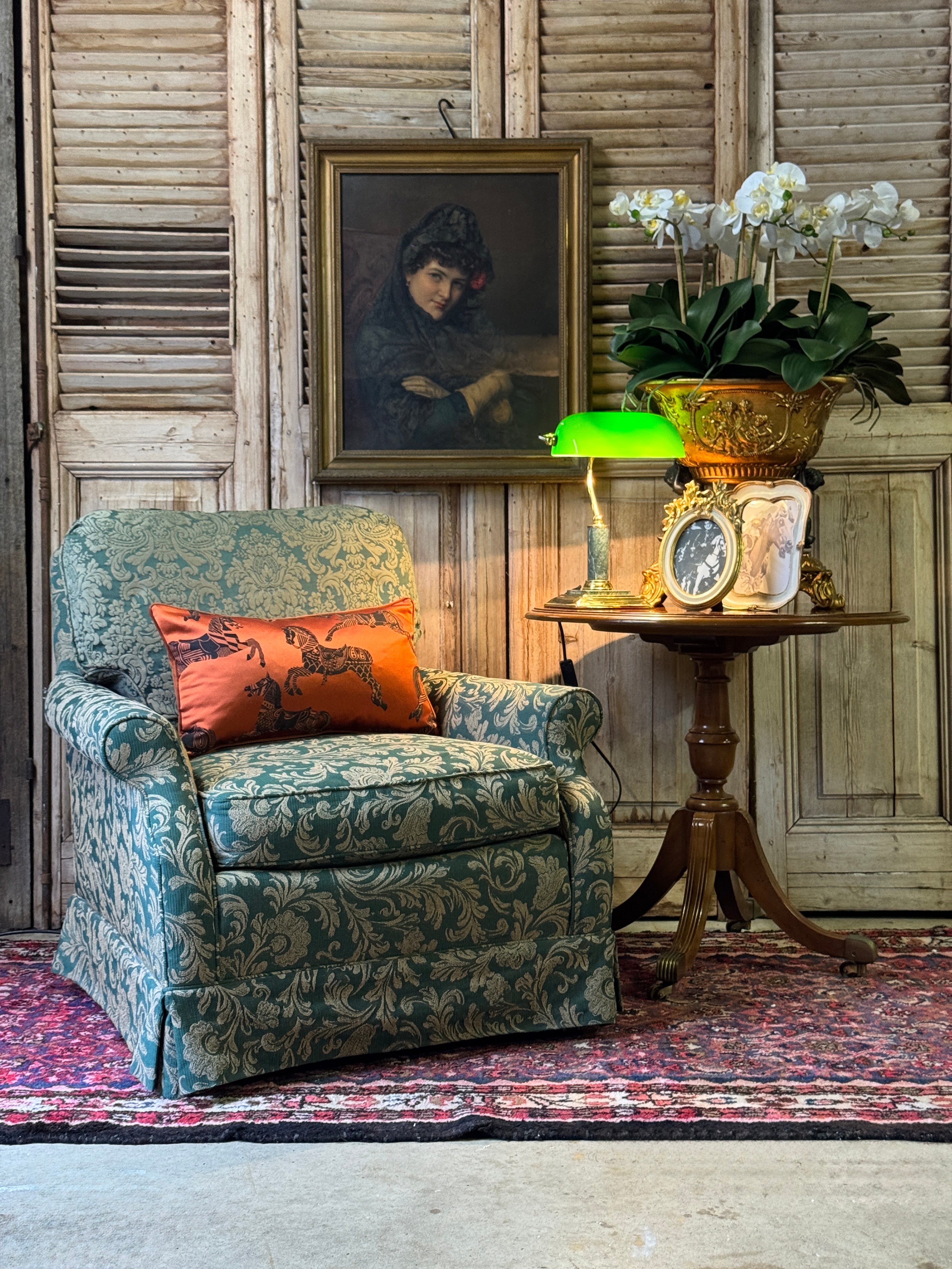 Vintage Green Damask & Floral Armchair