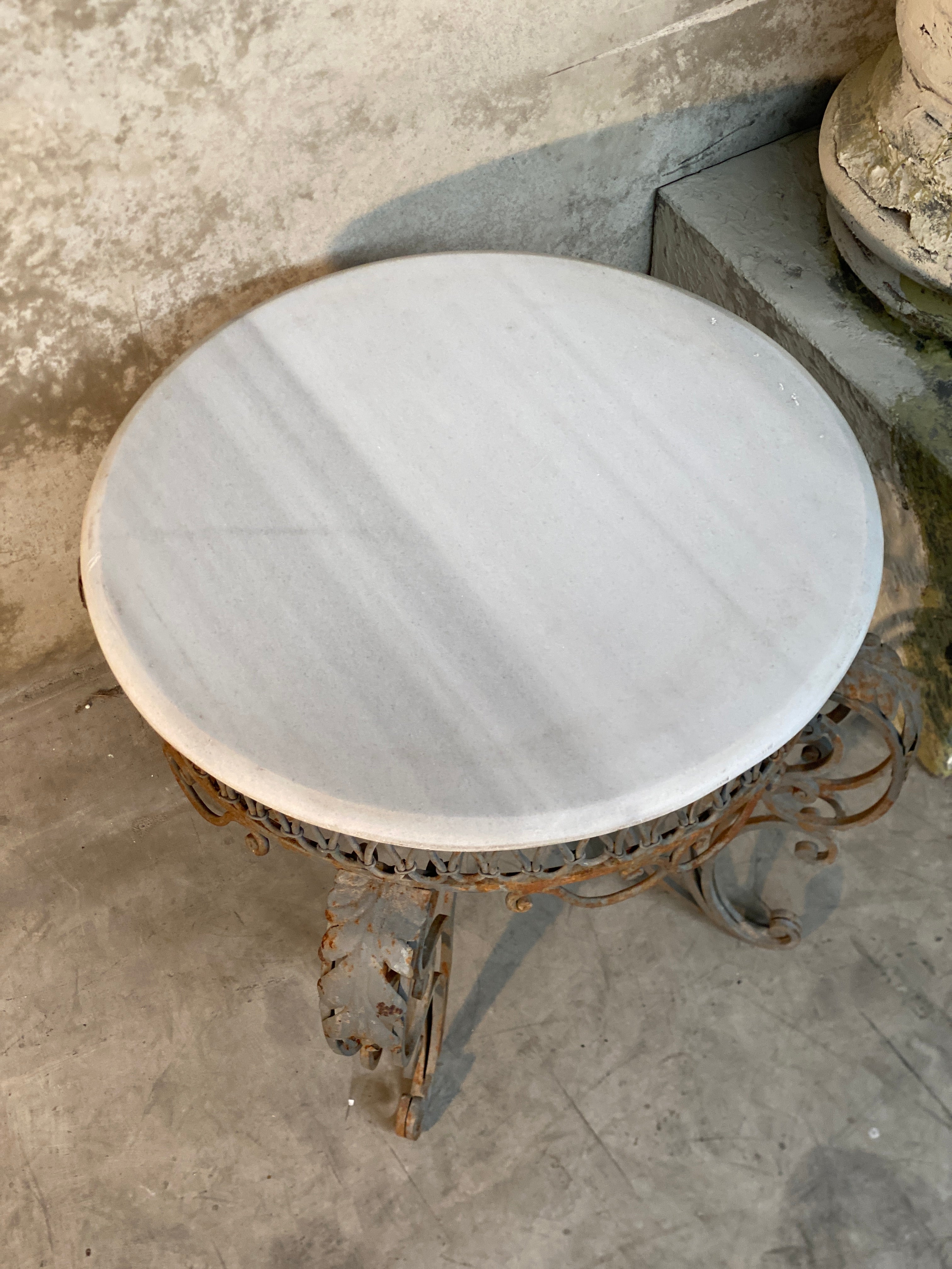 Vintage White & Grey Marble Top  Wrought Iron Side Table