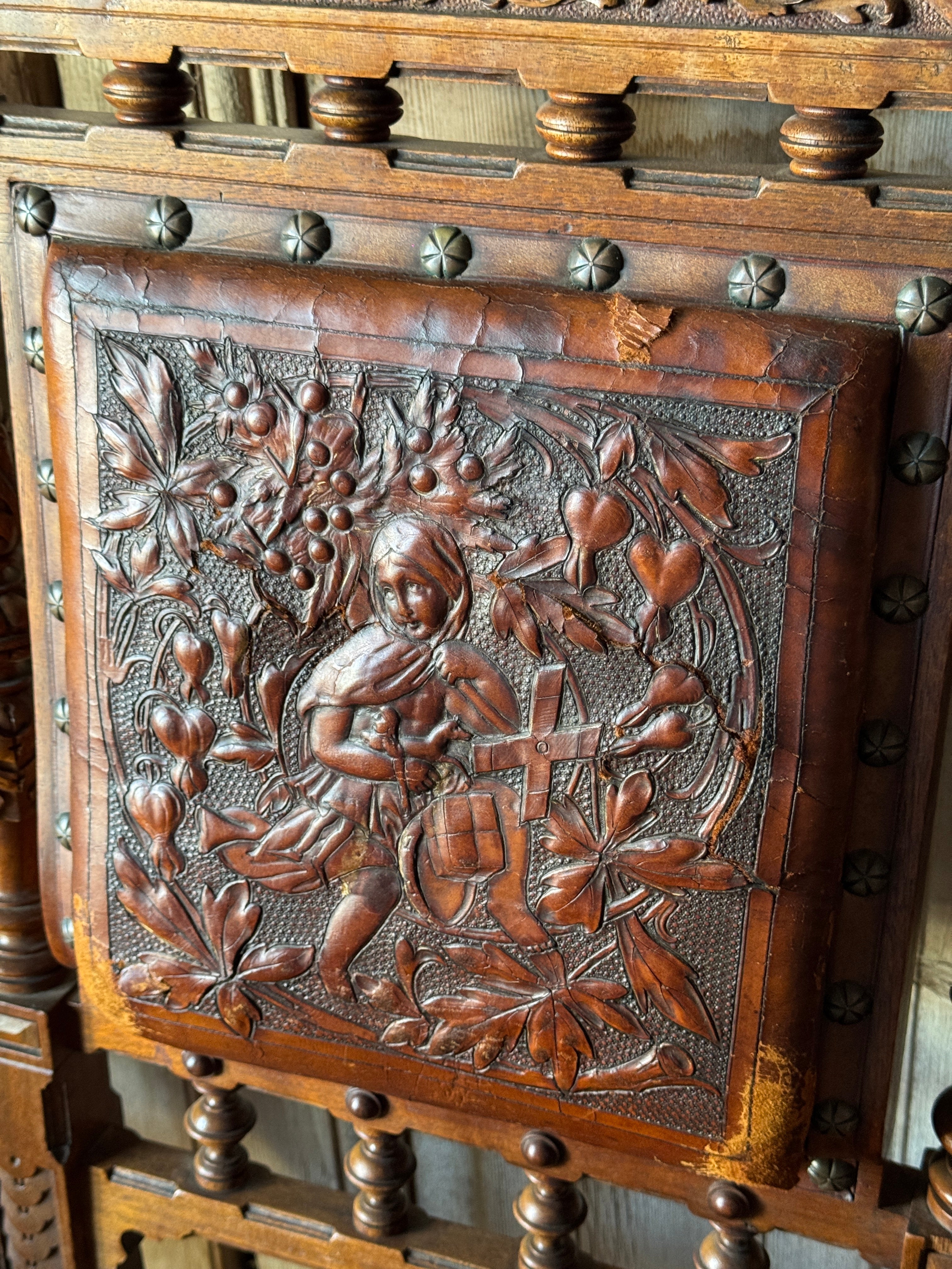 Set of 6 Antique 19th Century Renaissance Revival Dining Chairs with Embossed Leather Back Rests