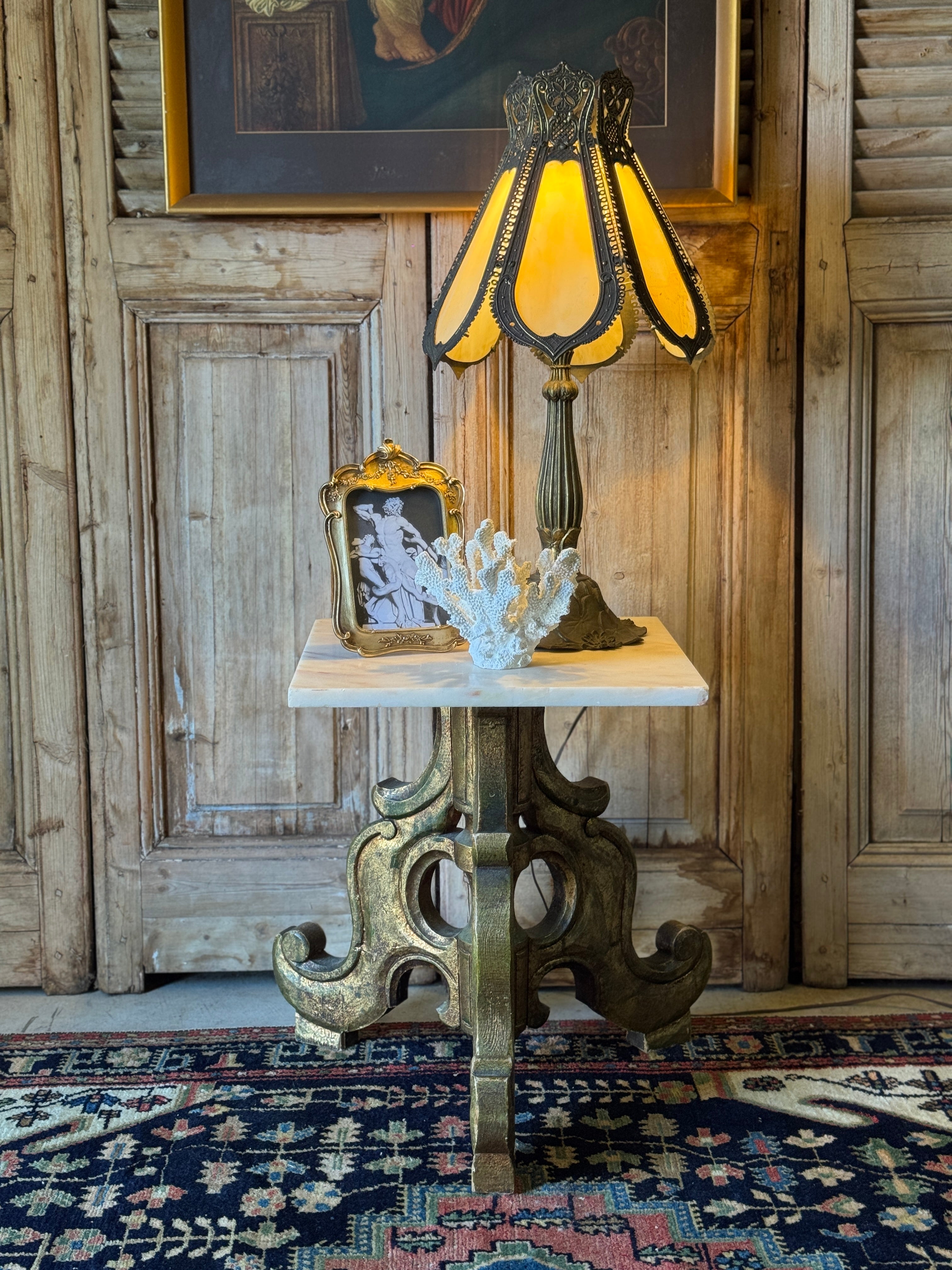 Vintage Carved Timber Side Table with Marble Top