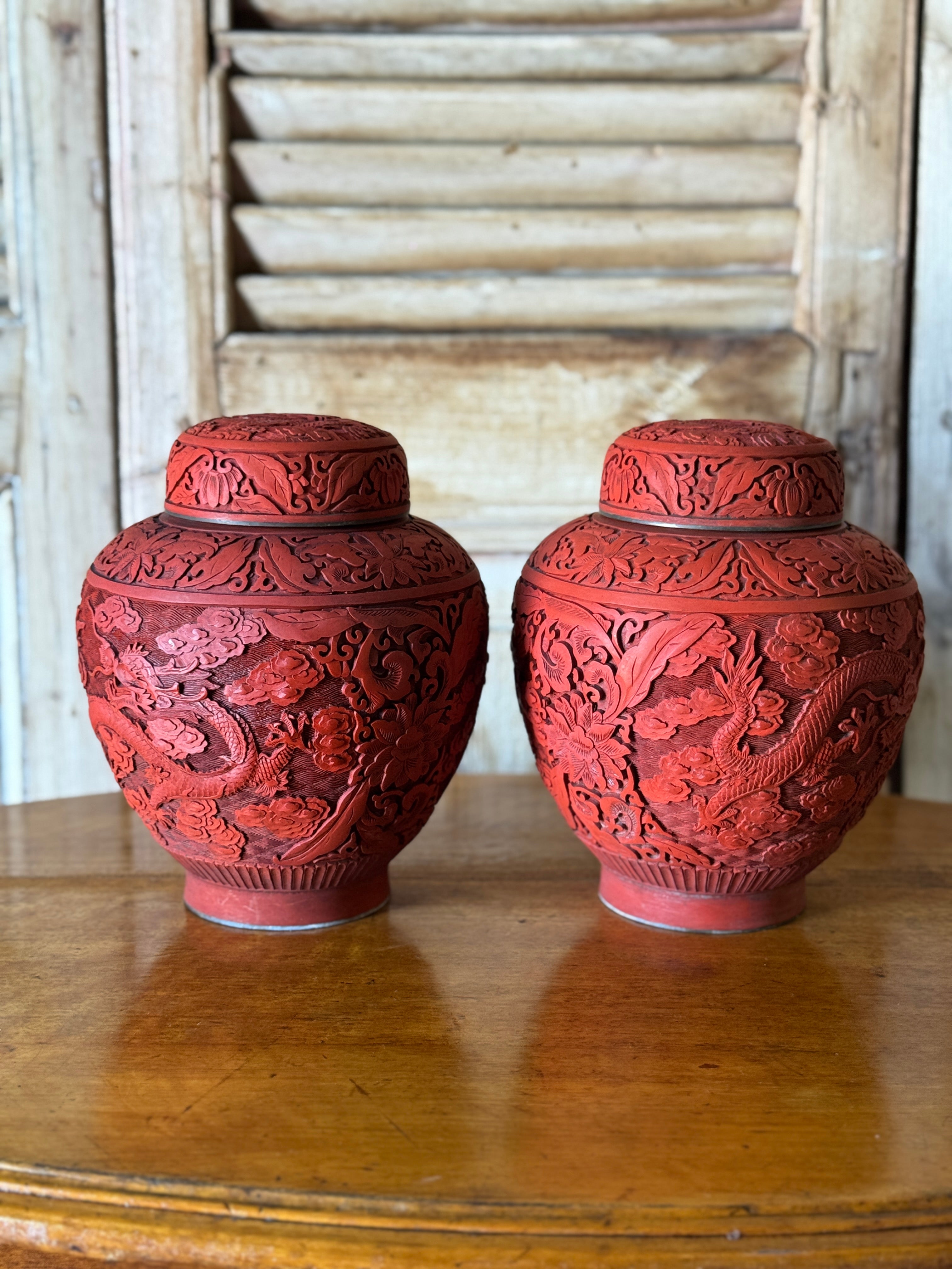 Pair of Vintage Chinese Carved Red Cinnabar Lidded Ginger Jars
