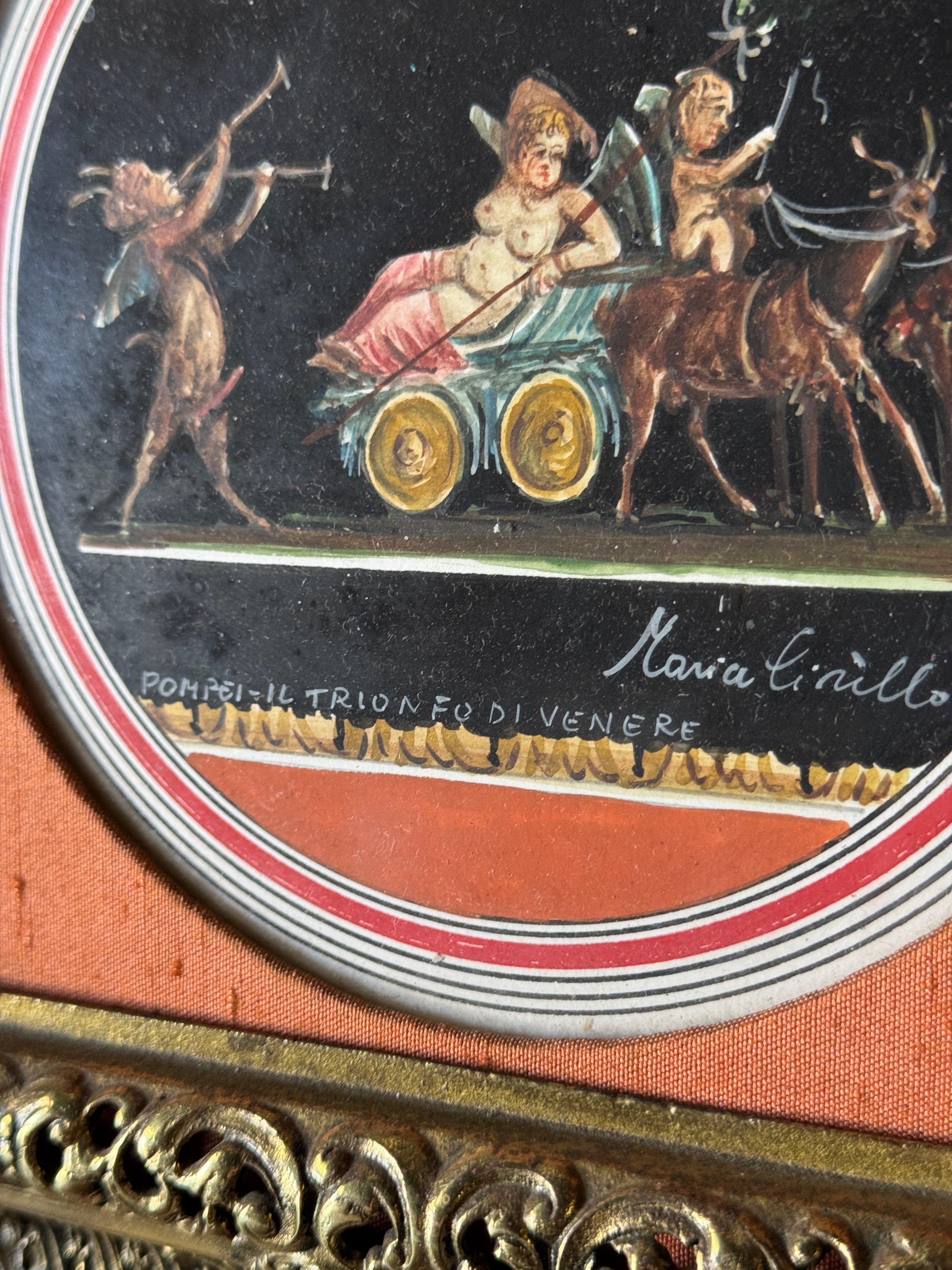 Antique Brass Framed Gouache Painting by Maria Cirillo