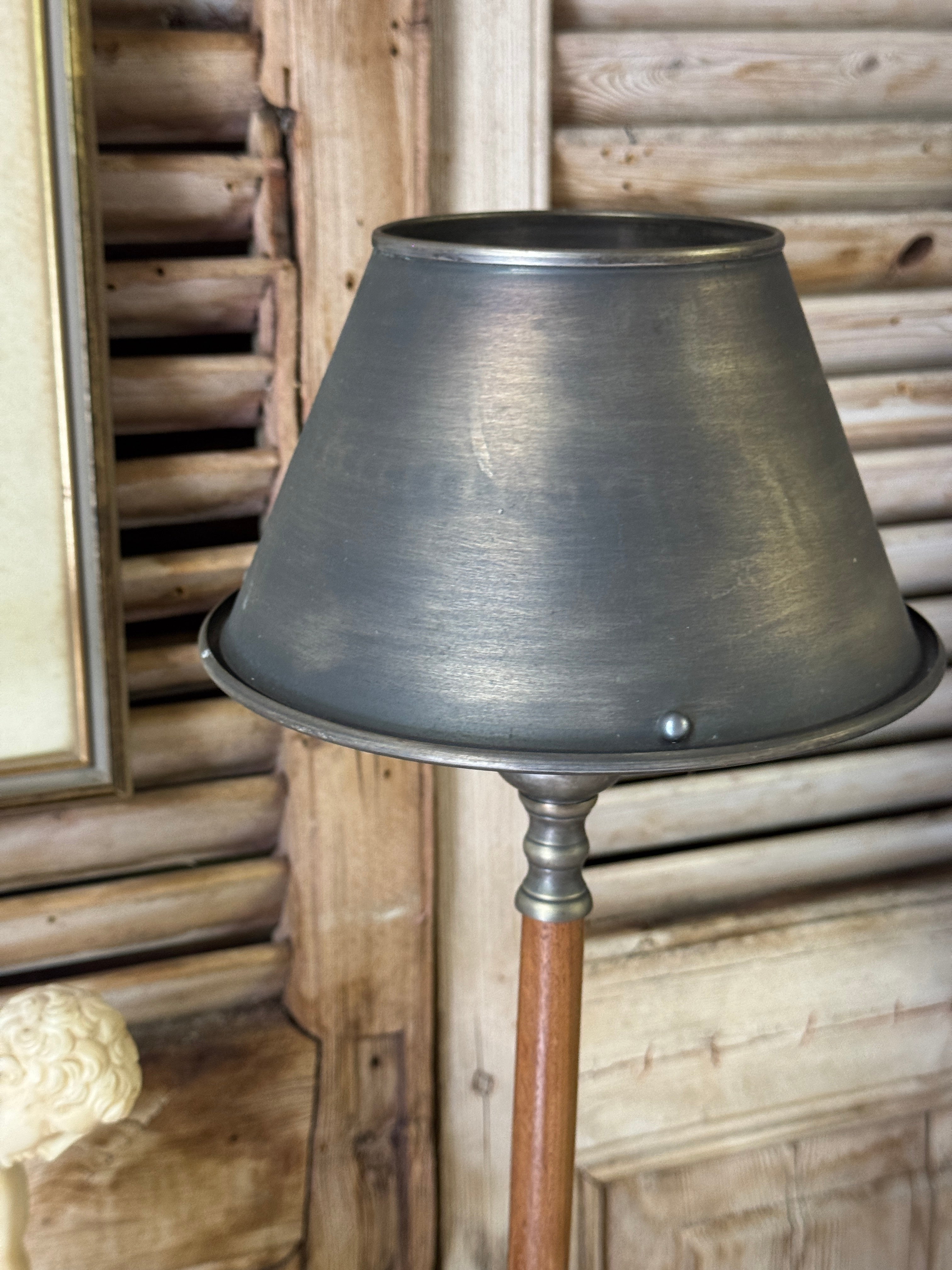 Vintage Turned Timber Table Lamp with Metal Drum Shade