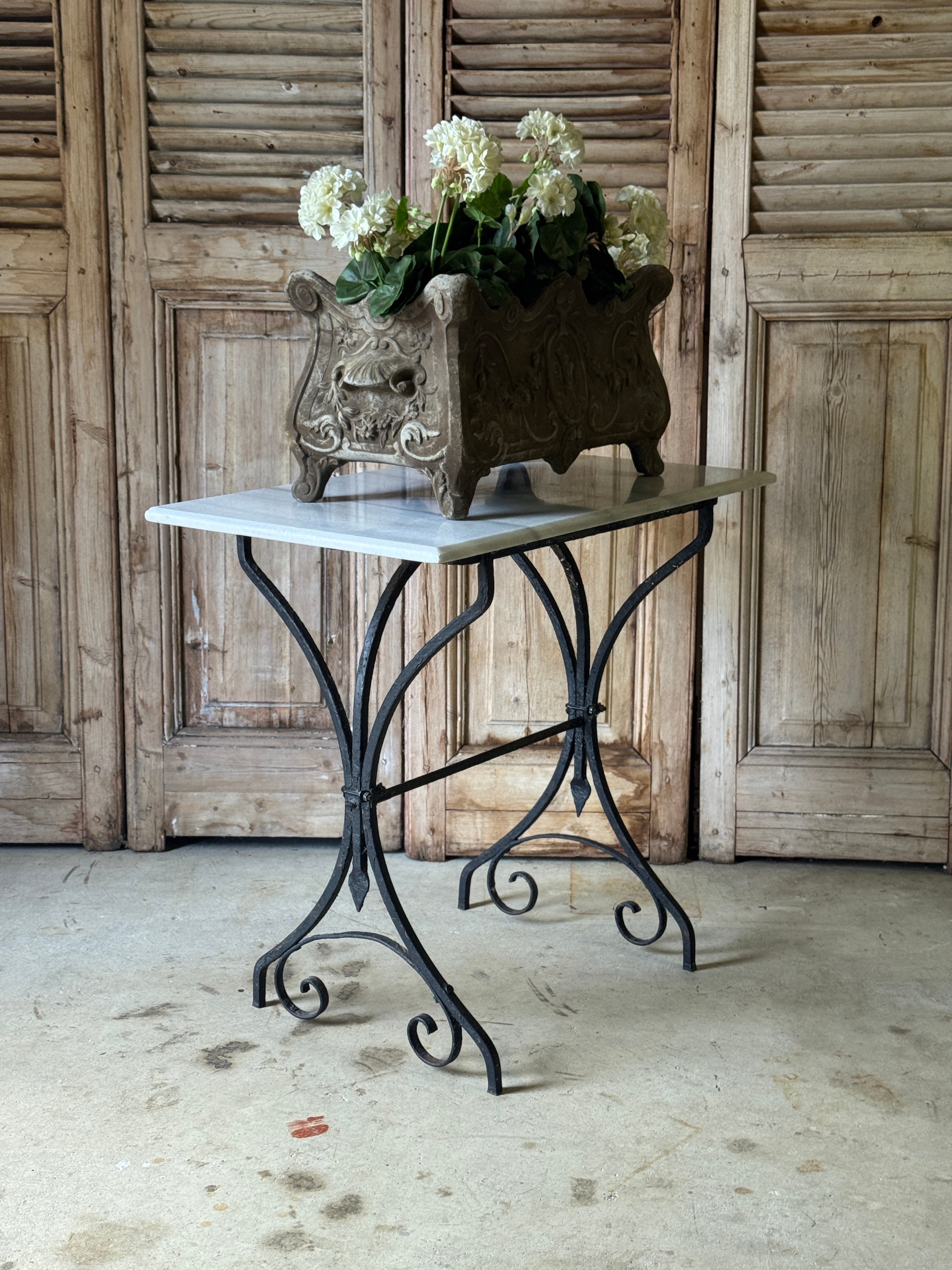 Vintage French Black Bistro Table with White Marble Top