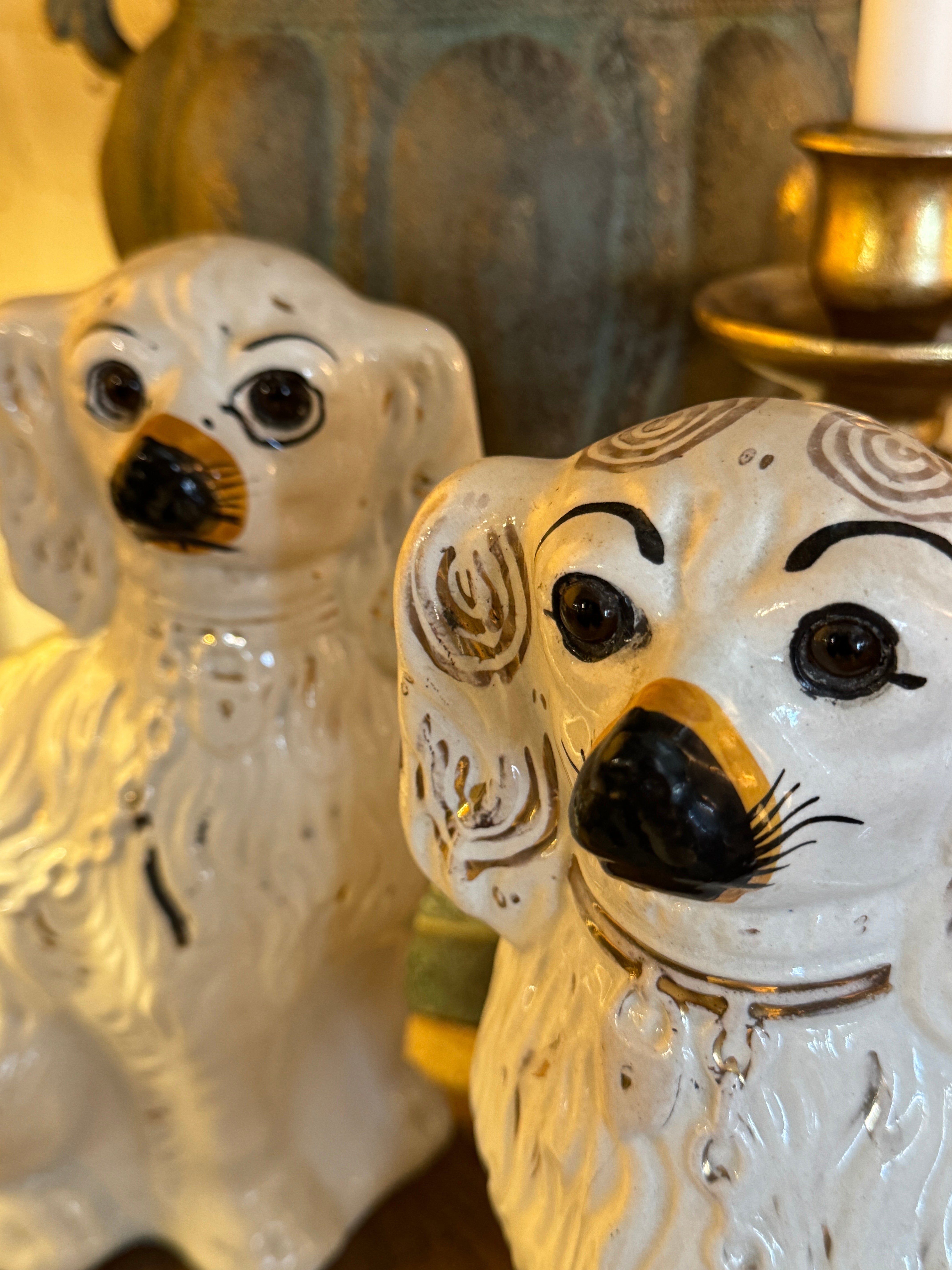 Pair of Antique Staffordshire Spaniel Dogs with Glass Eyes (c.1860–1880)