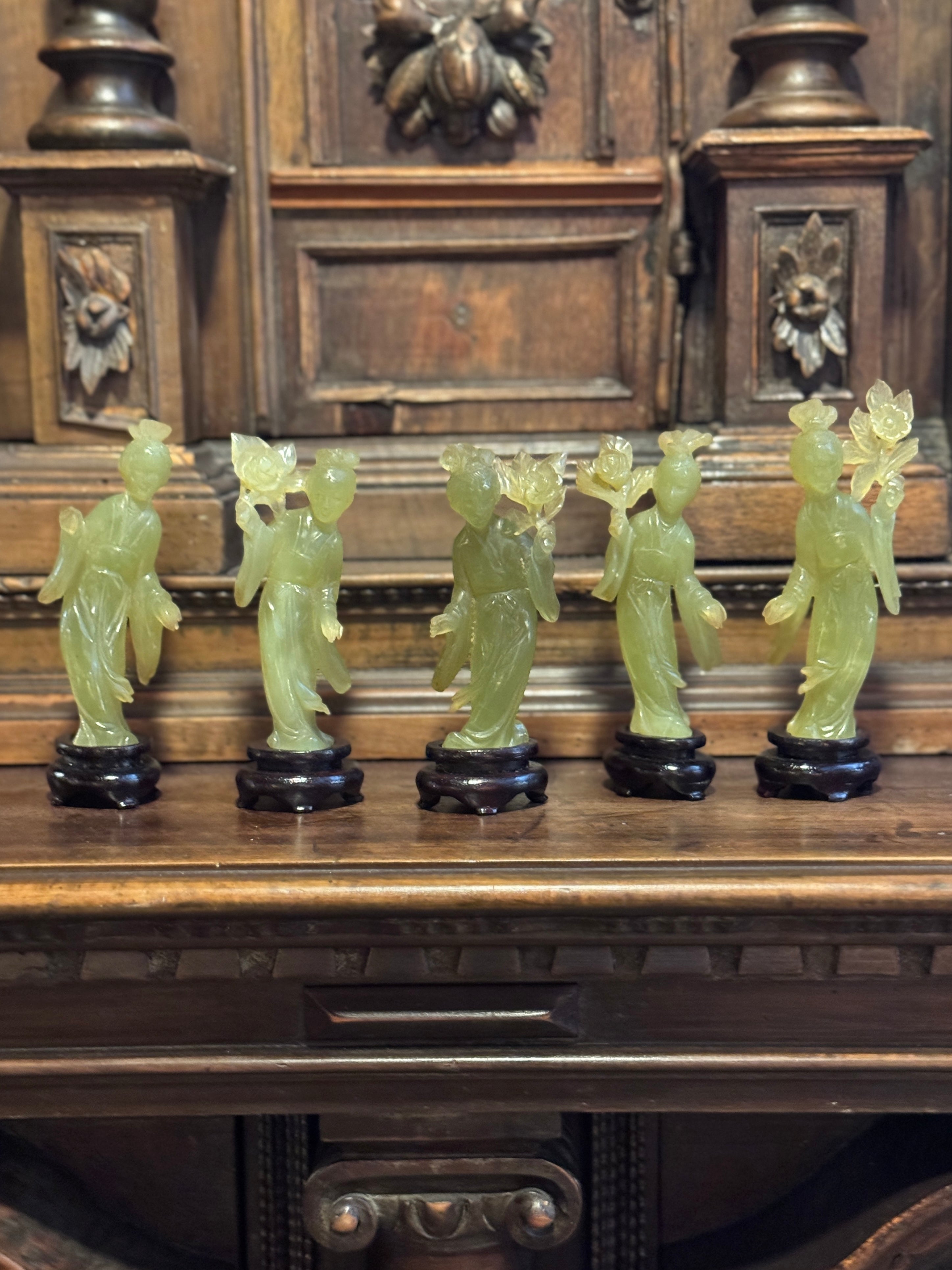 Set of 5 Vintage Chinese Carved Green Stone Courtesans