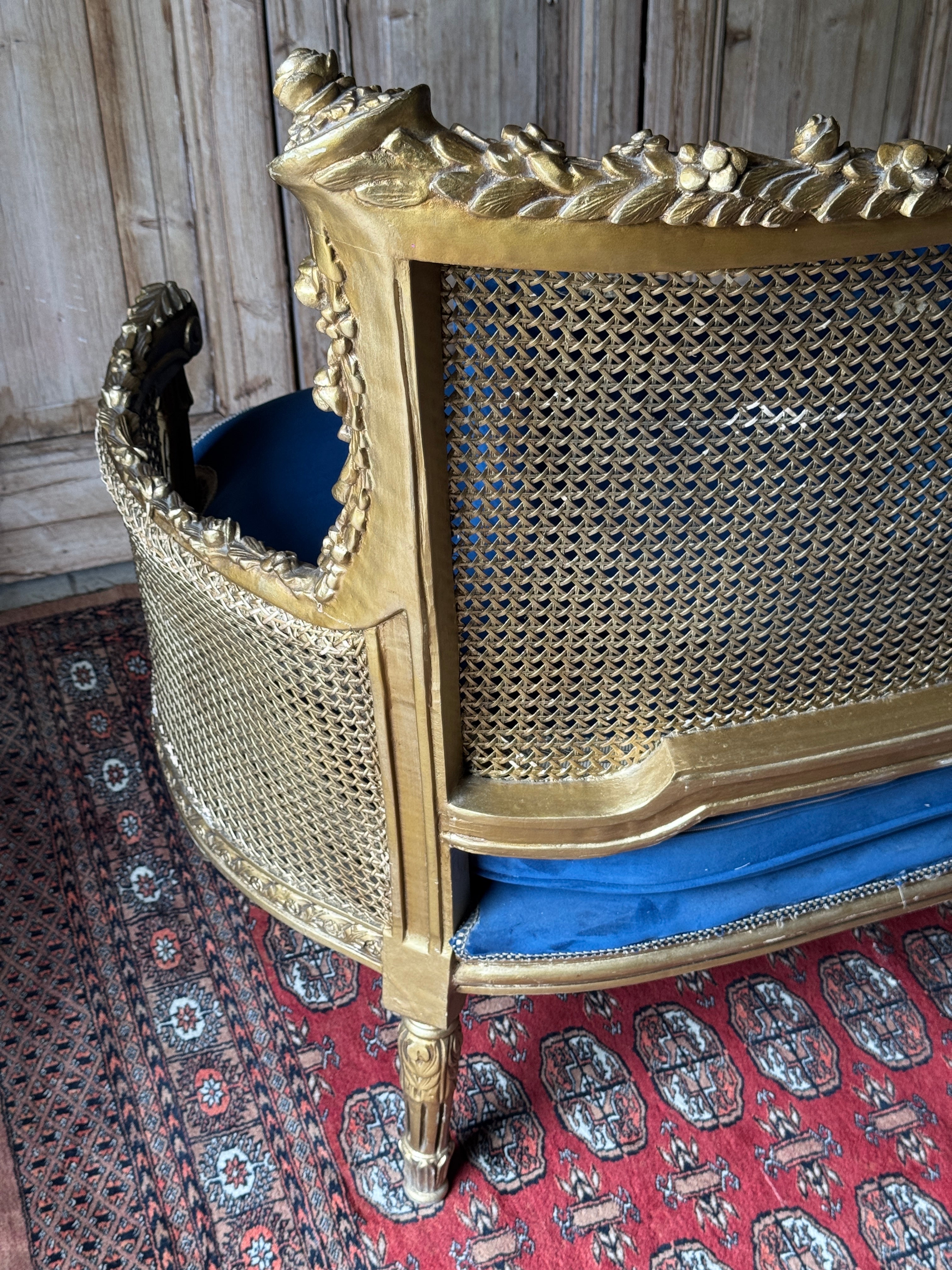 Vintage French Gilt Rattan Settee with Original Upholstery