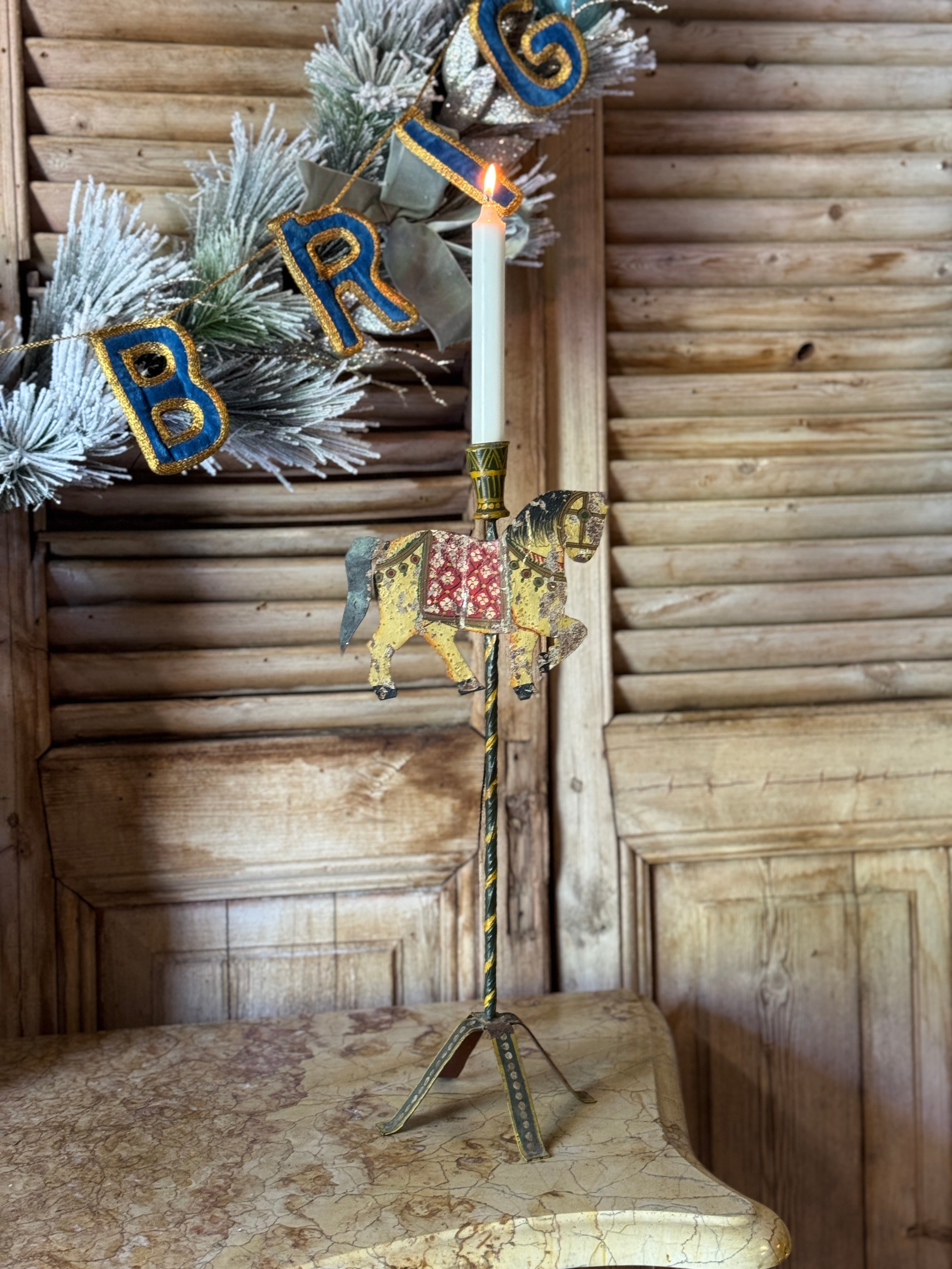 Vintage Hand Painted Metal Equestrian Taper Candle Holder