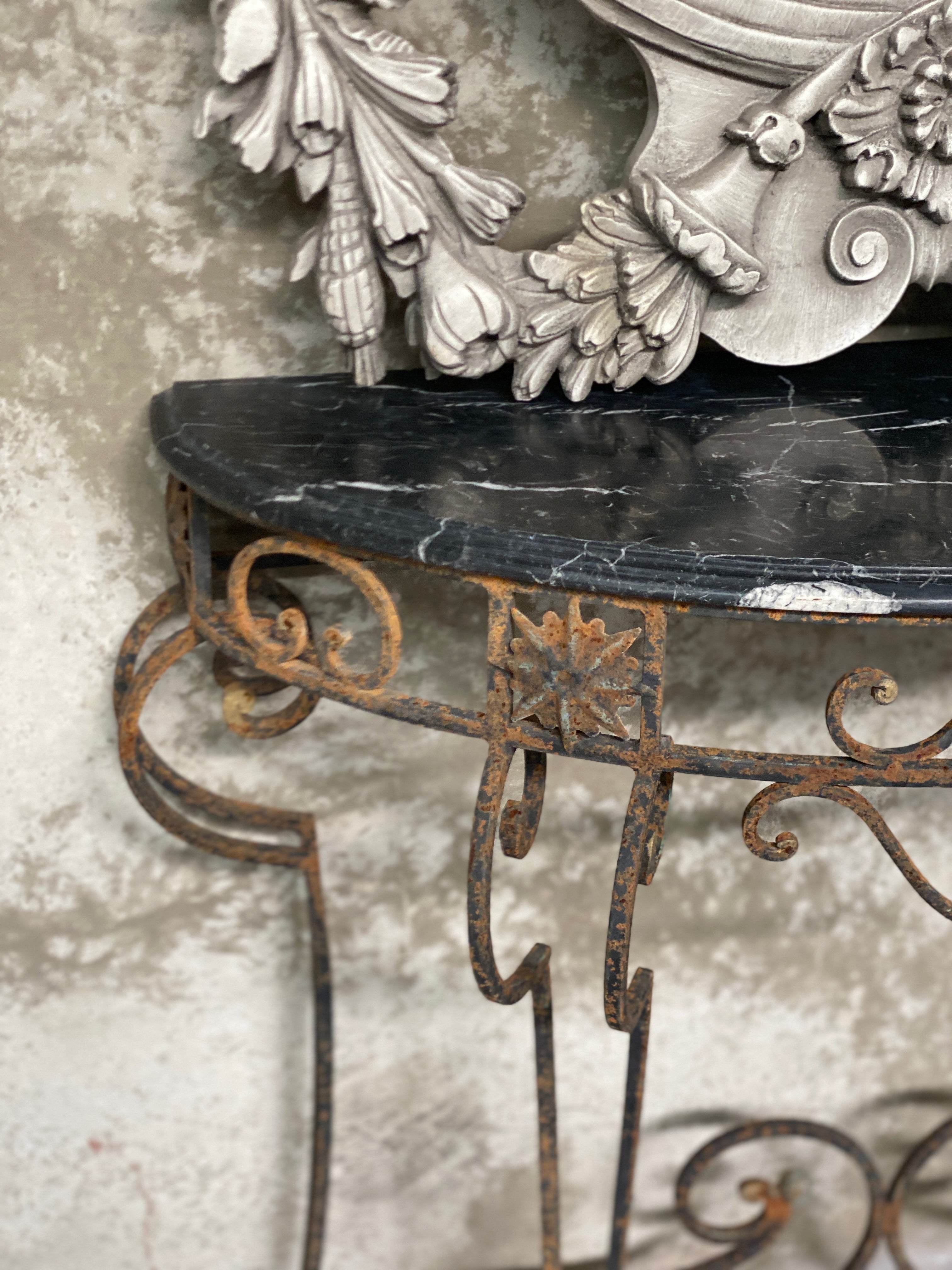 Vintage French Wrought Iron Console with Black Marble Top
