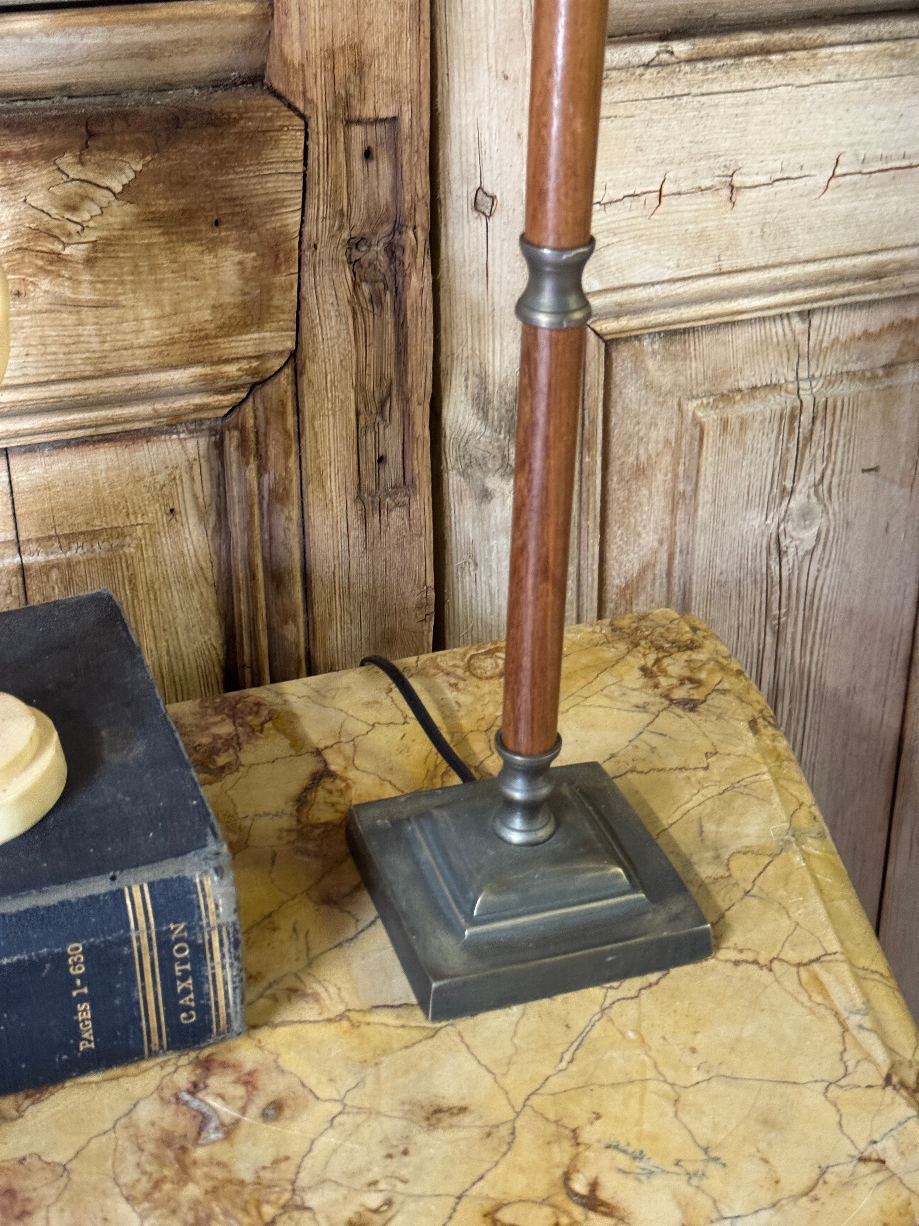 Vintage Turned Timber Table Lamp with Metal Drum Shade