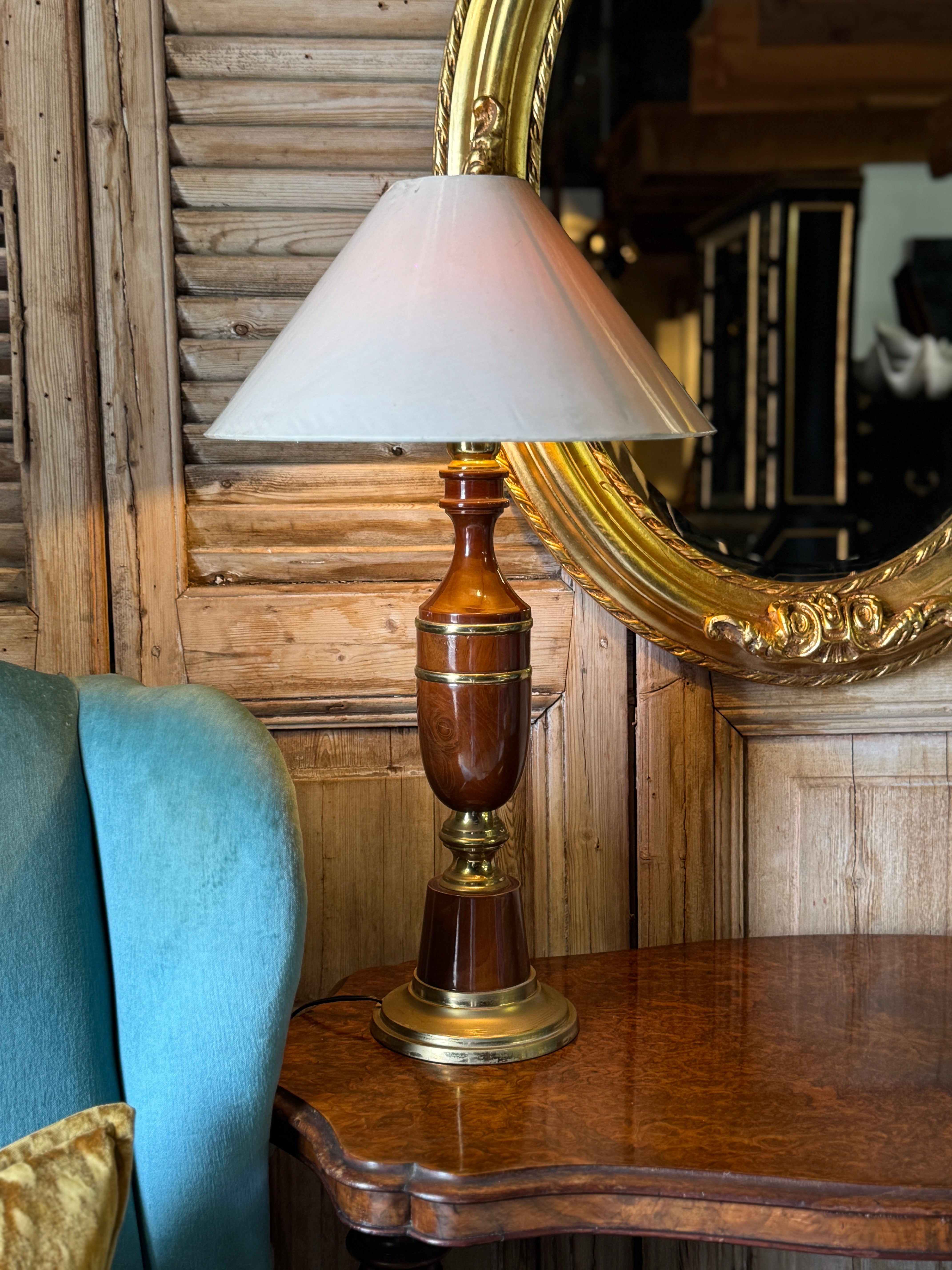 Vintage Wood & Brass Table Lamp