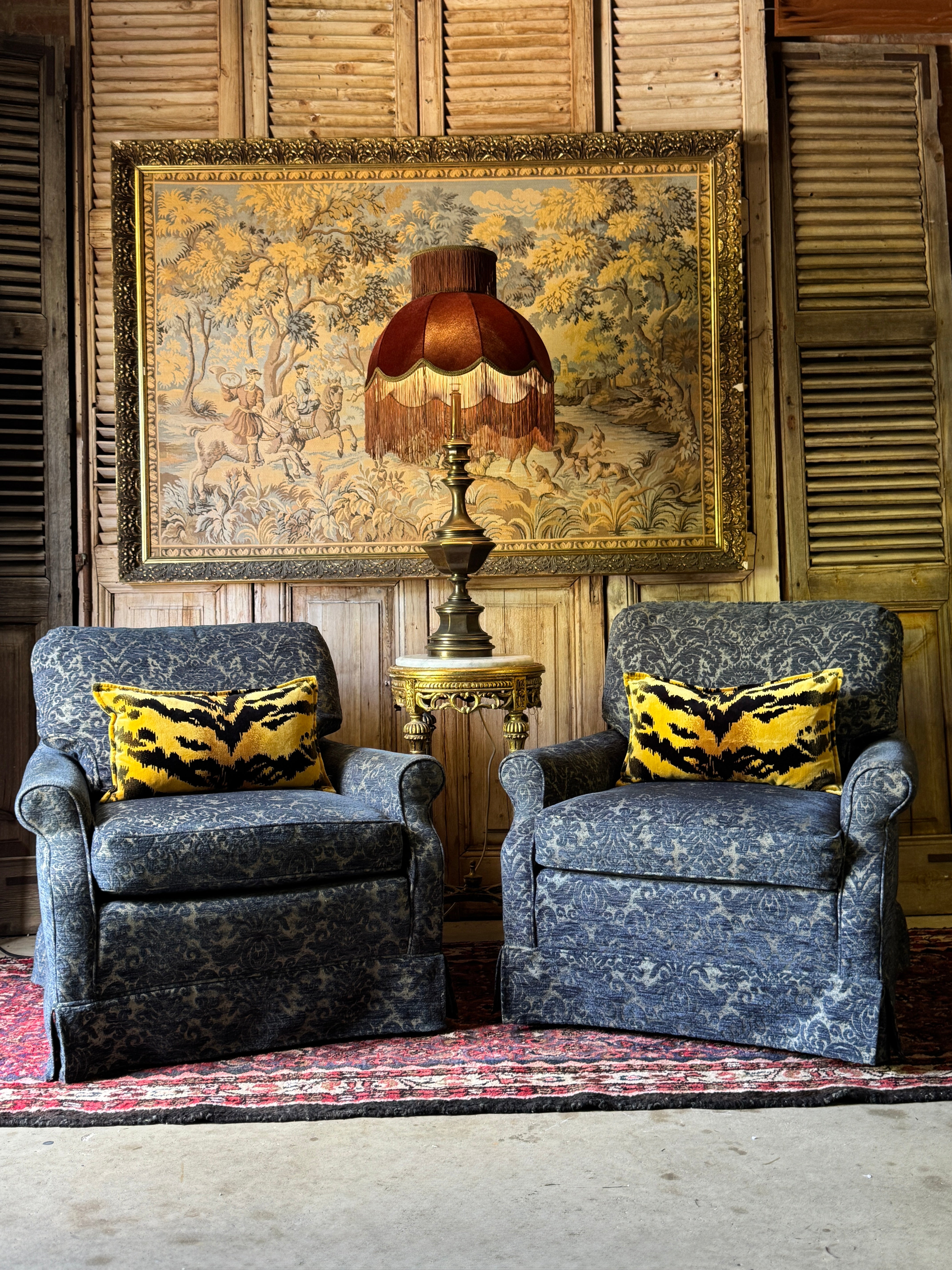 [HOLD] Pair of Vintage Damask Lounge Chairs