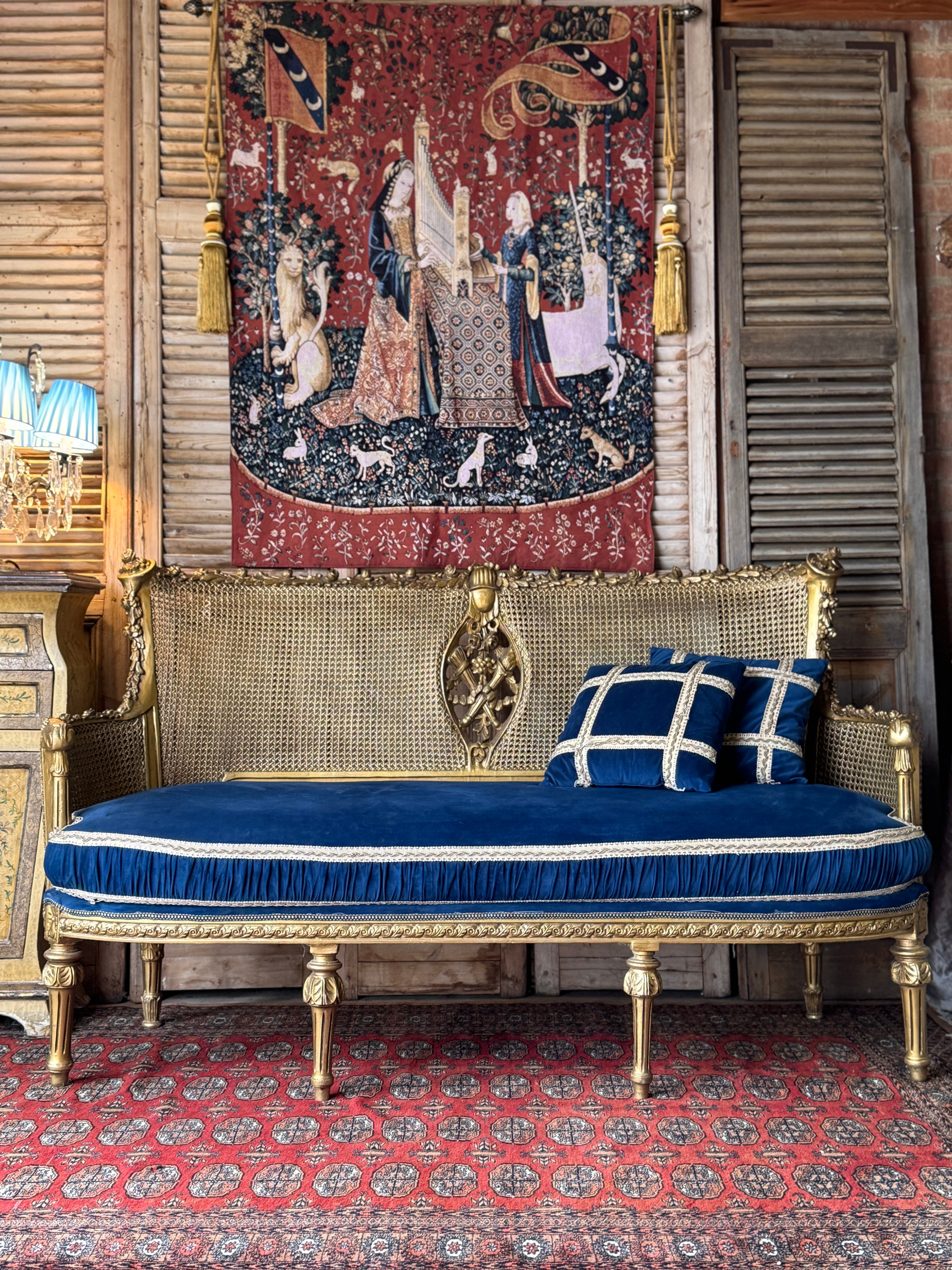Vintage French Gilt Rattan Settee with Original Upholstery