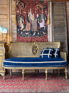 Vintage French Gilt Rattan Settee with Original Upholstery