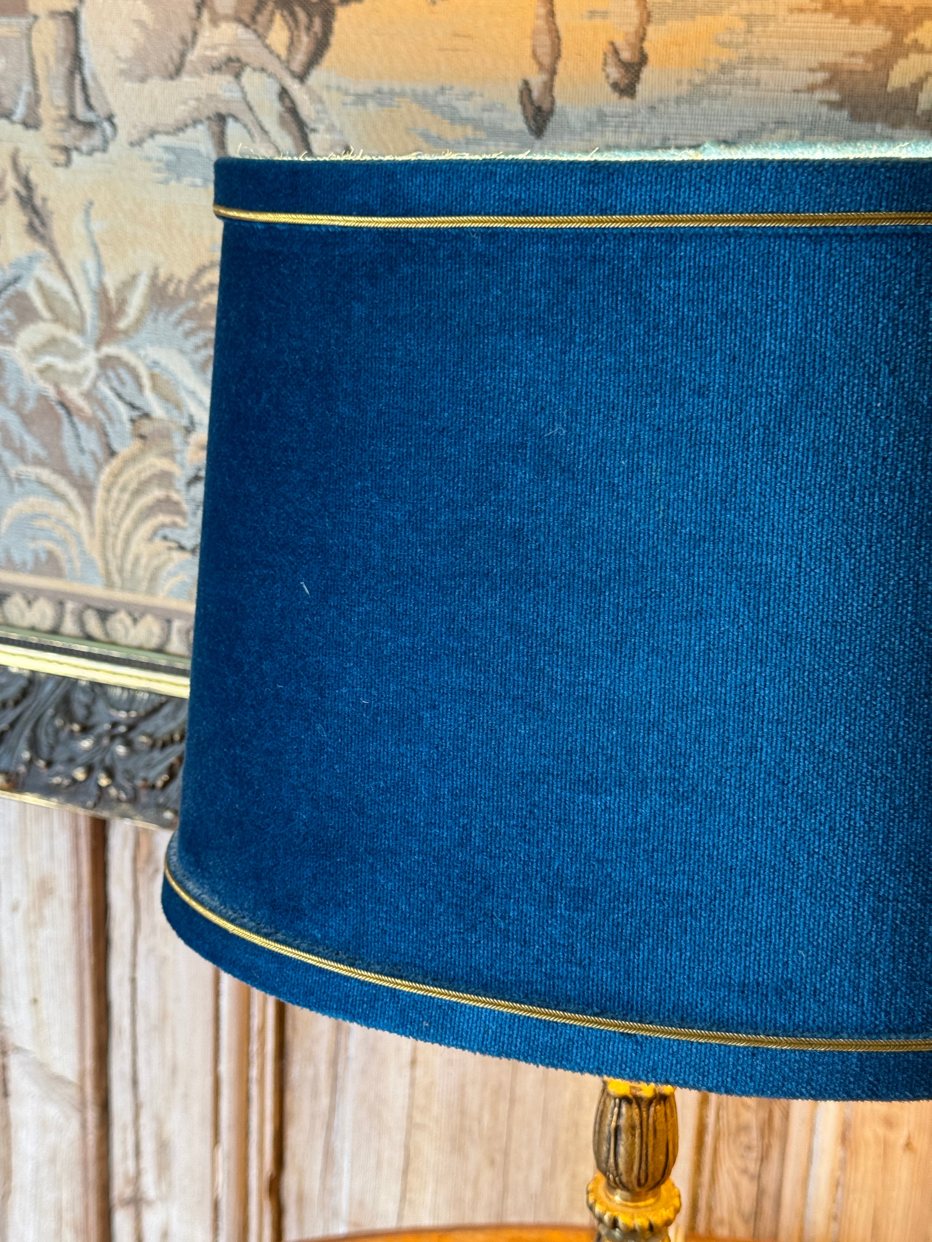 Pair of Blue Velvet Table Lamps With Marble Bases