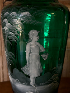 Pair of Antique Emerald Green Mary Gregory Glass Vases, Late 19th Century