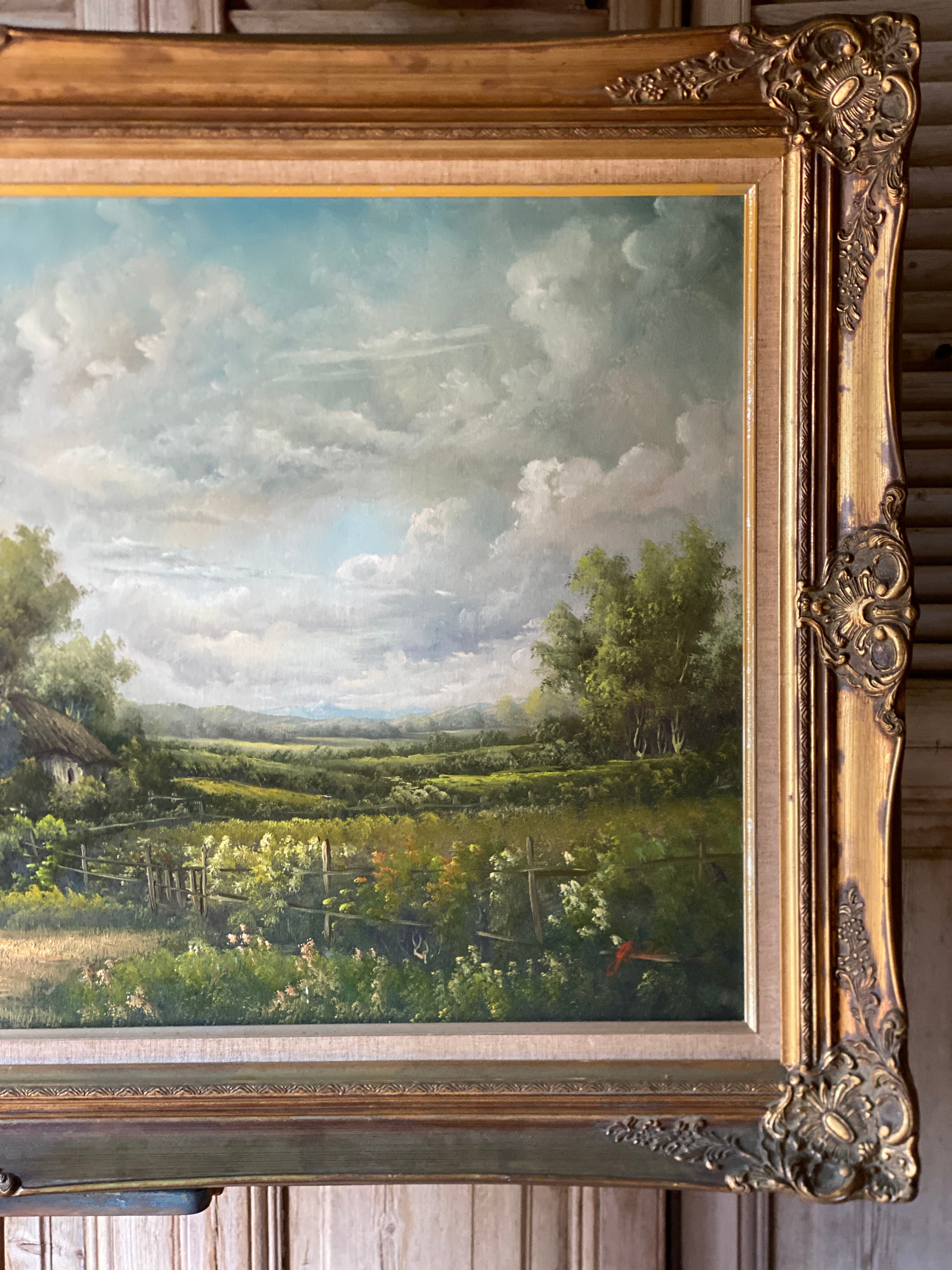 Vintage Cottage Landscape Oil Artwork