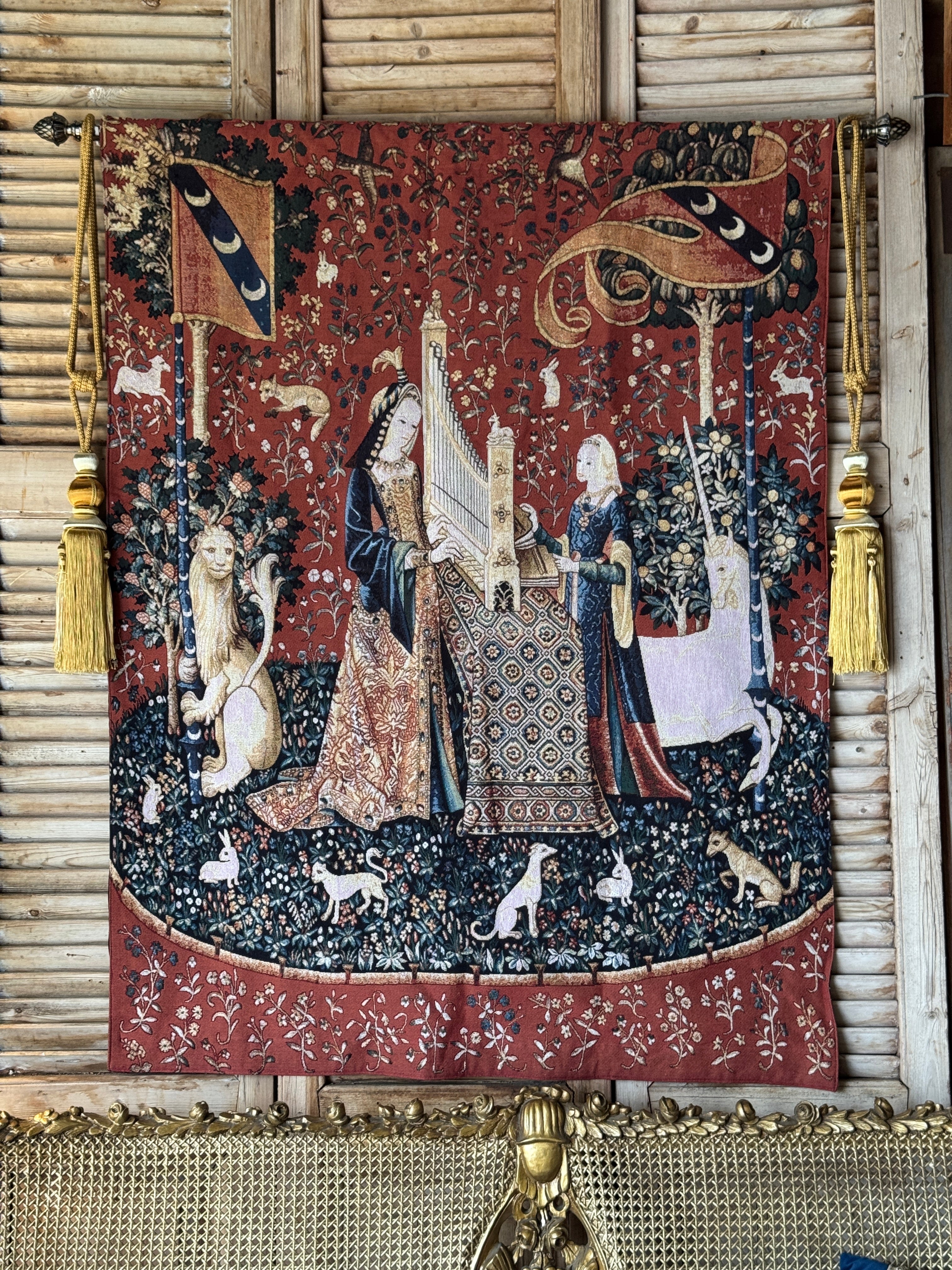 Vintage Style “Lady and the Unicorn” Tapestry with Hanging Rod