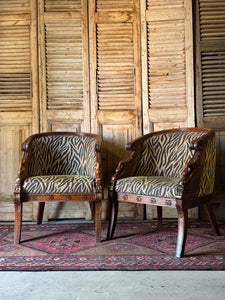 Pair of Carved Timber Empire Tub Chairs with Zebra Upholstery