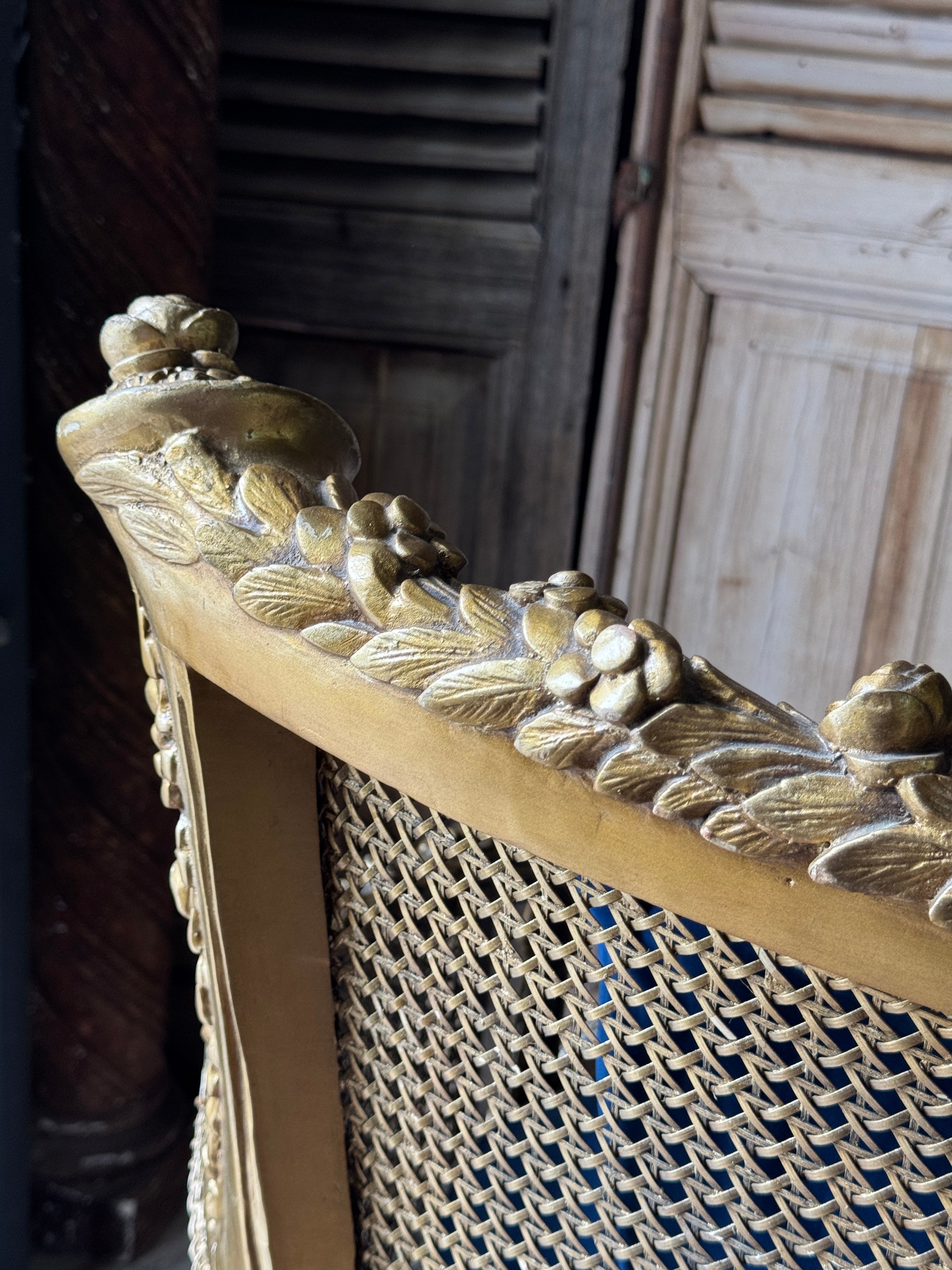 Vintage French Gilt Rattan Settee with Original Upholstery