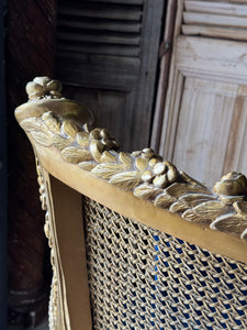 Vintage French Gilt Rattan Settee with Original Upholstery