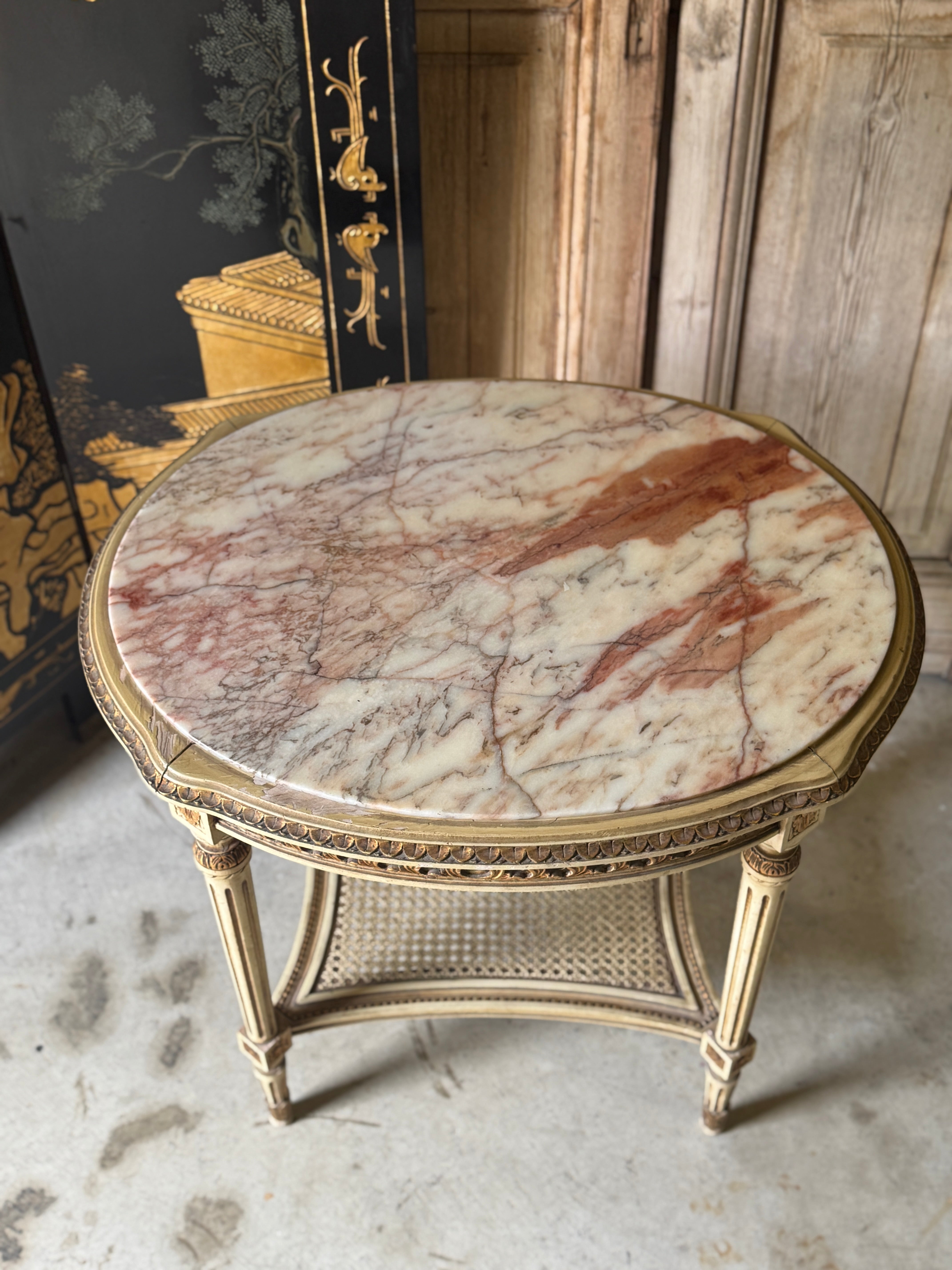 Antique French Marble Rattan Side Table